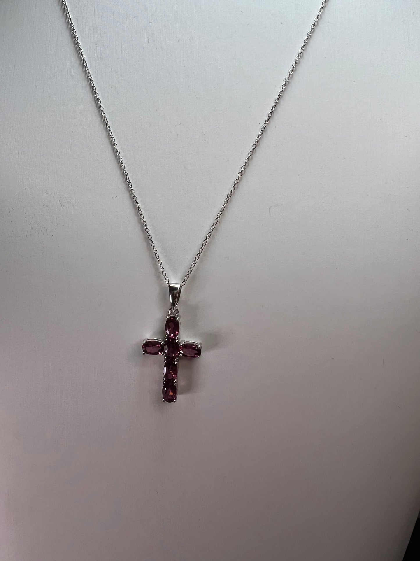 Raspberry rhodolite garnet cross pendant and chain necklace in sterling silver