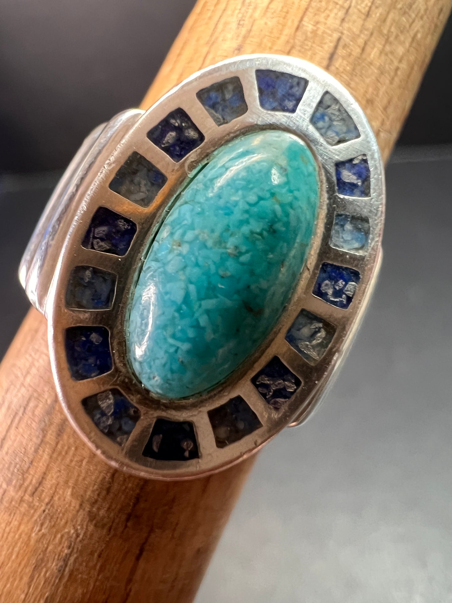 Vintage Sterling Silver Coleman Co. Turquoise & Lapis Mosaic Inlay Ring – Size 7