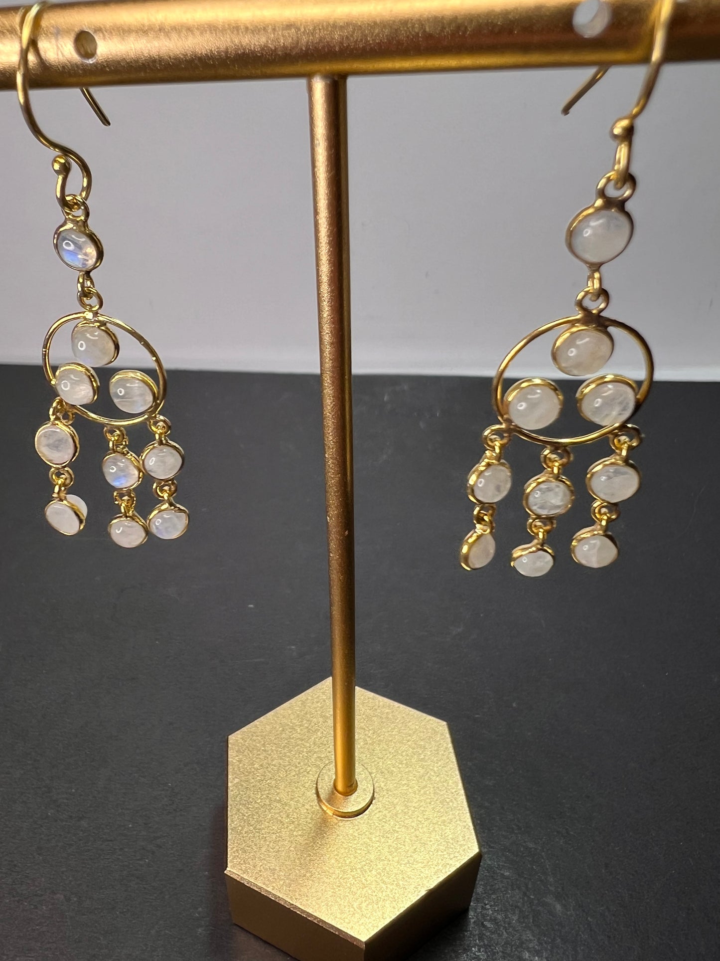 Rainbow moonstone gold over sterling silver chandelier earrings