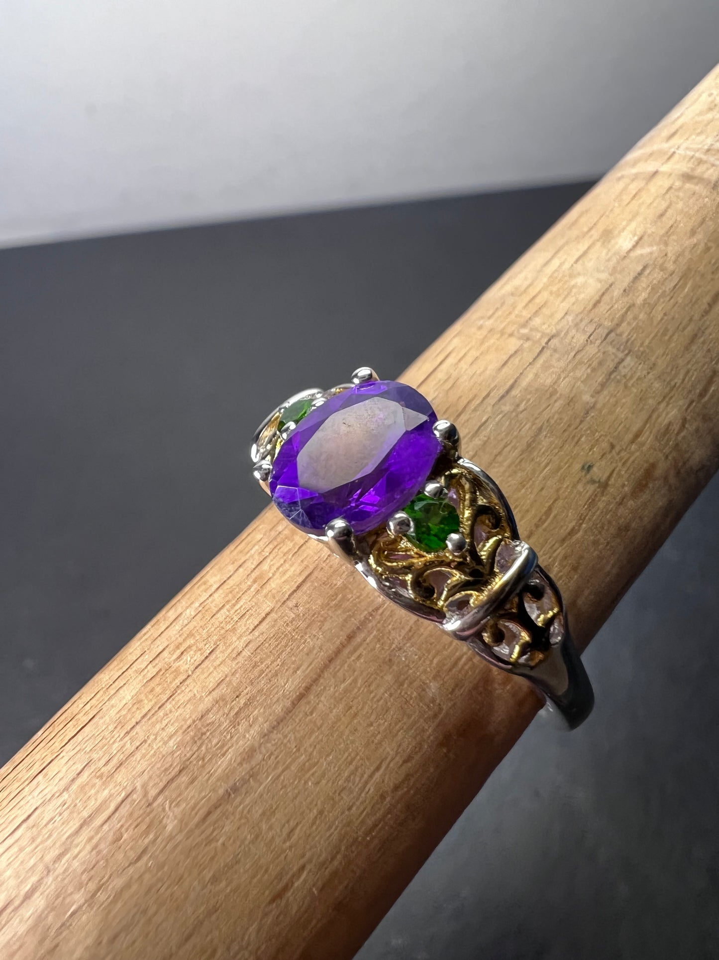 Amethyst and chrome diopside two toned sterling silver ring size 9