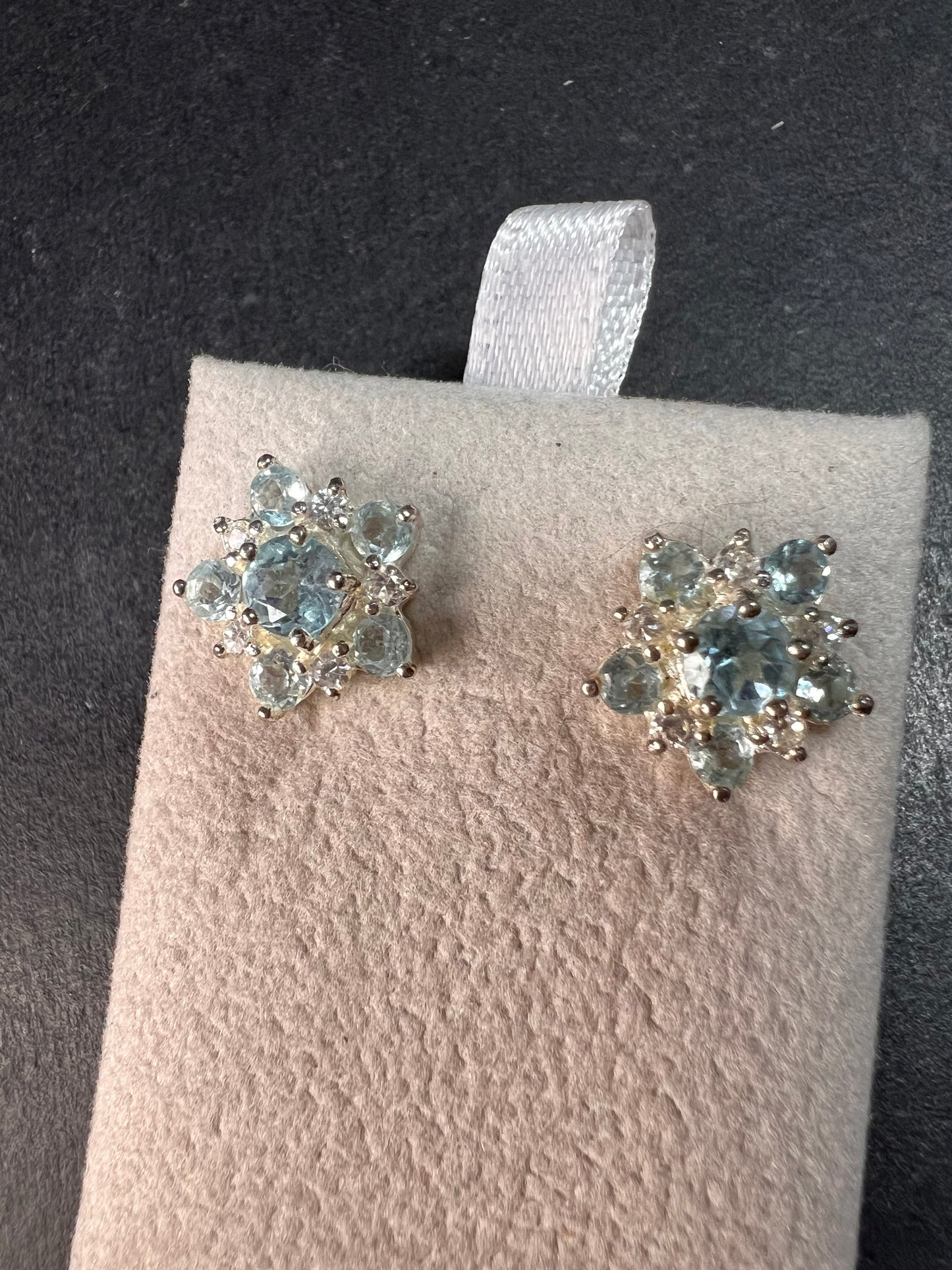 Vintage blue topaz and cz sterling silver snowflake stud earrings