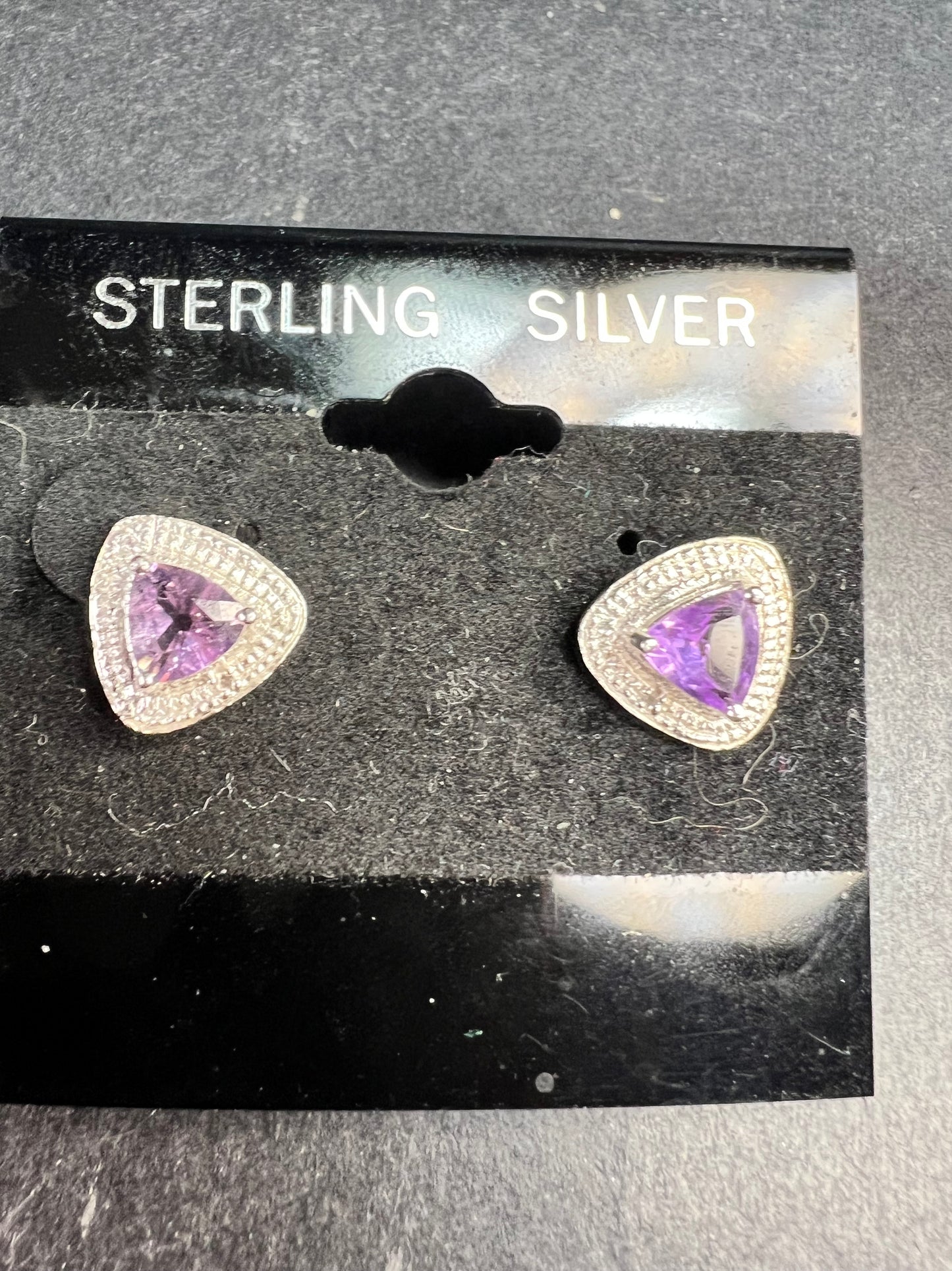 New Sterling Silver Trillion Amethyst Studs w Diamond Accents