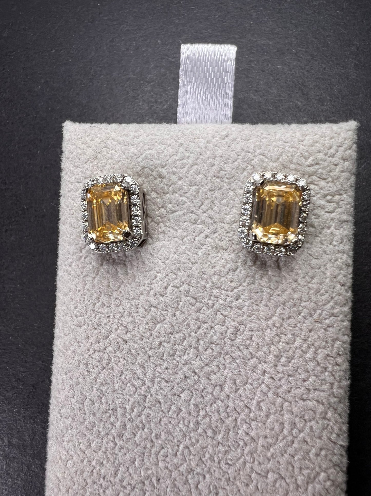 Yellow and white moissanite halo stud earrings in rhodium over sterling silver 2.35ctw