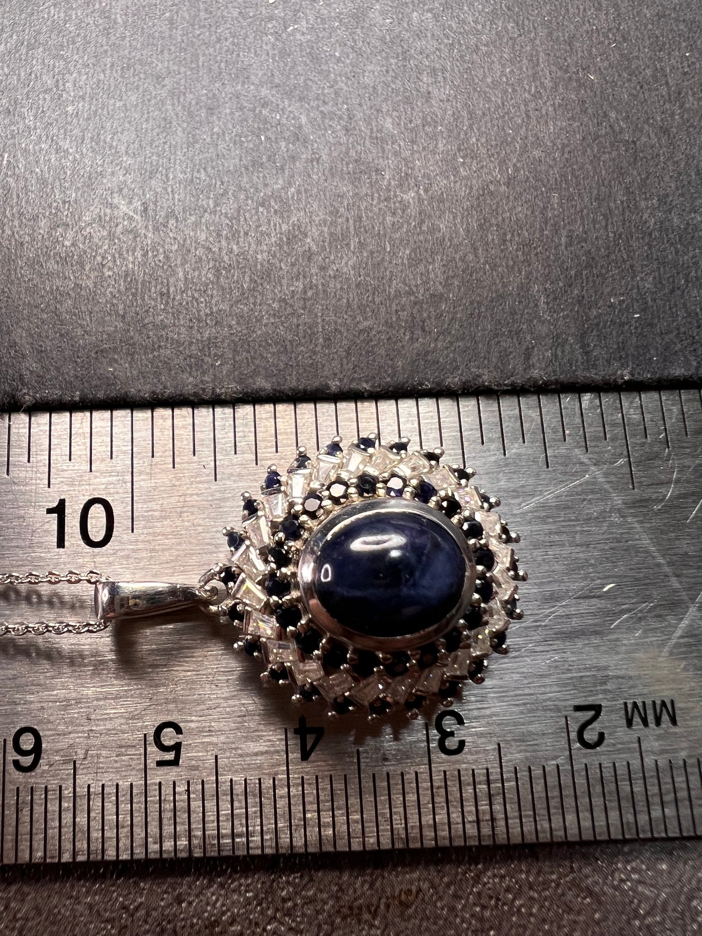 NEW Blue star sapphire and moissanite sterling silver halo pendant necklace