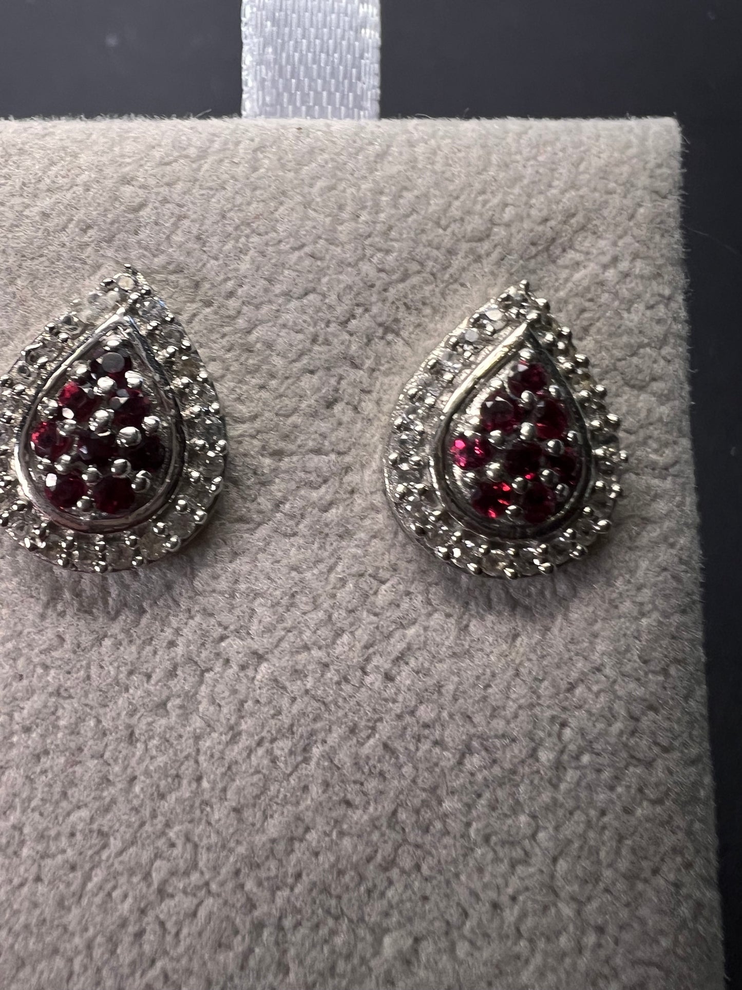 Red garnet and white topaz teardrop sterling silver post halo earrings