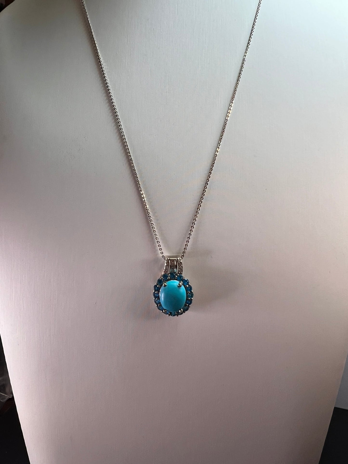 Sleeping Beauty turquoise , Malgache neon apatite and diamond halo pendant necklace in platinum over sterling silver with 20 inch chain 4.85ctw