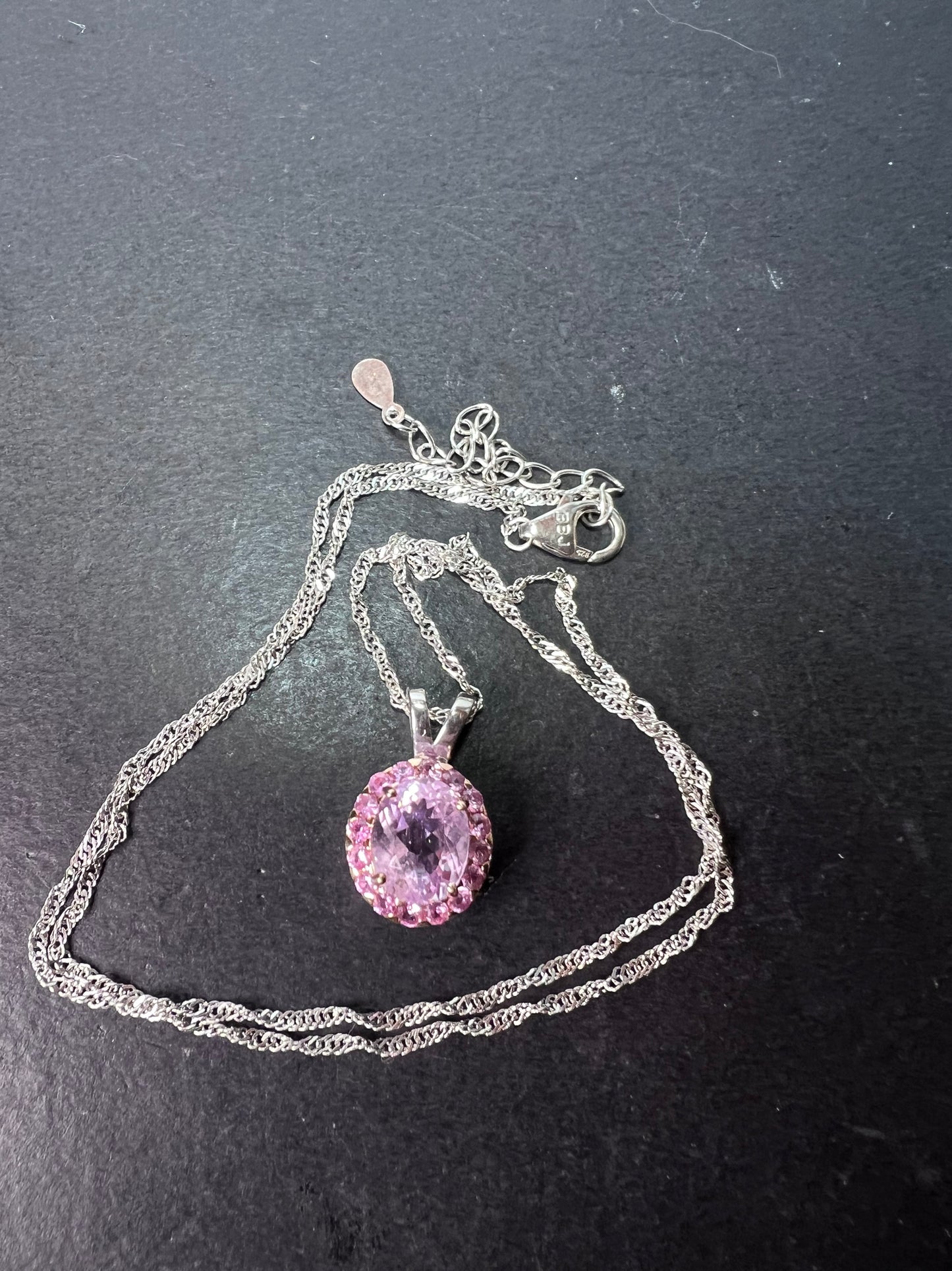 Kunzite and pink sapphire halo pendant necklace in sterling silver