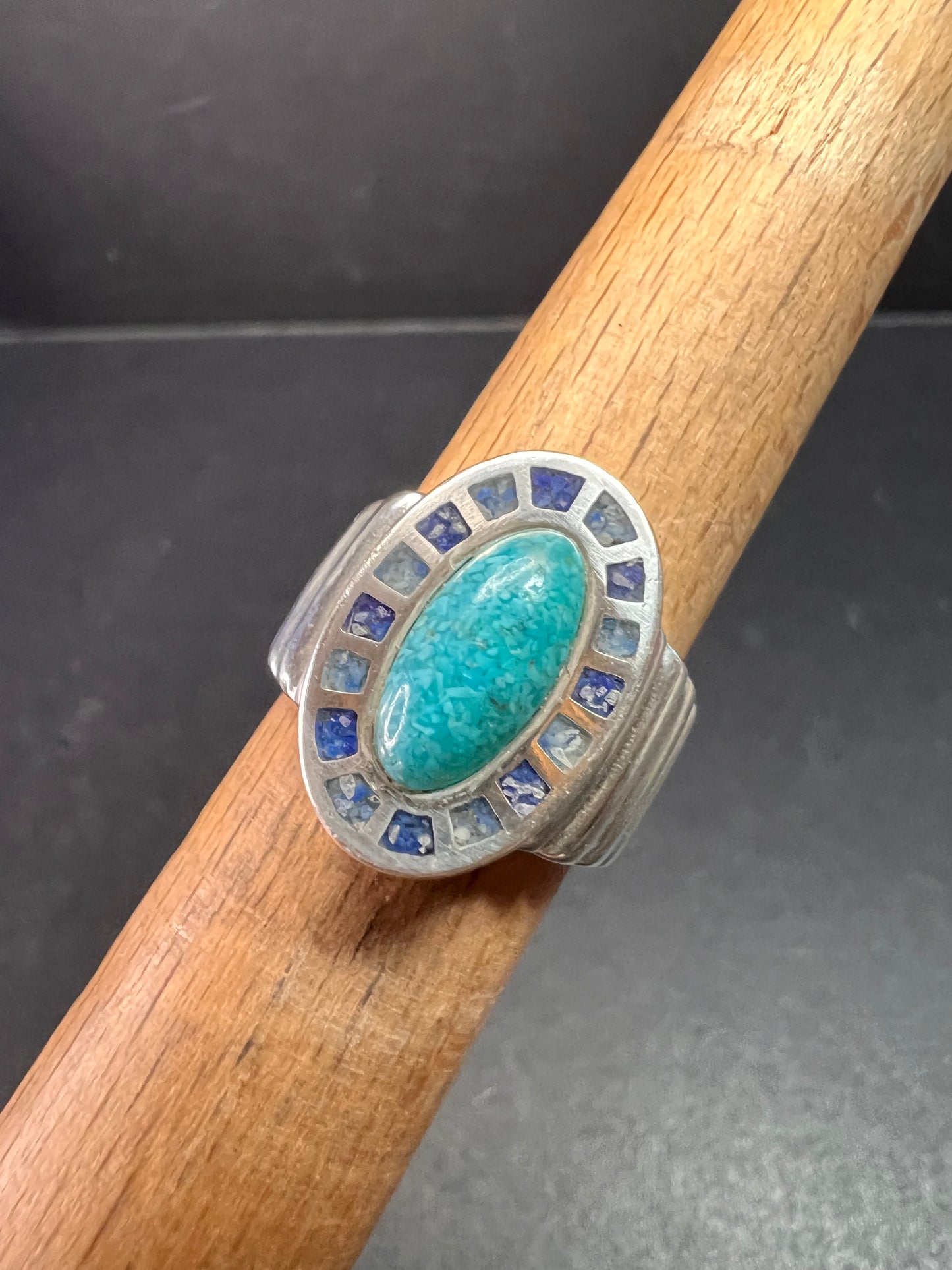 Vintage Sterling Silver Coleman Co. Turquoise & Lapis Mosaic Inlay Ring – Size 7