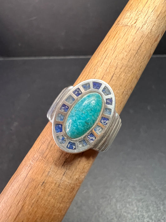 Vintage Sterling Silver Coleman Co. Turquoise & Lapis Mosaic Inlay Ring – Size 7