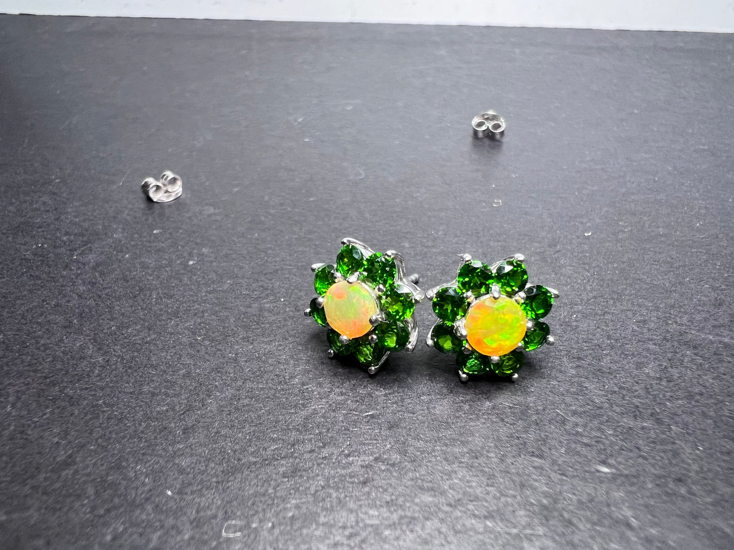 Chrome diopside opal flower stud earrings