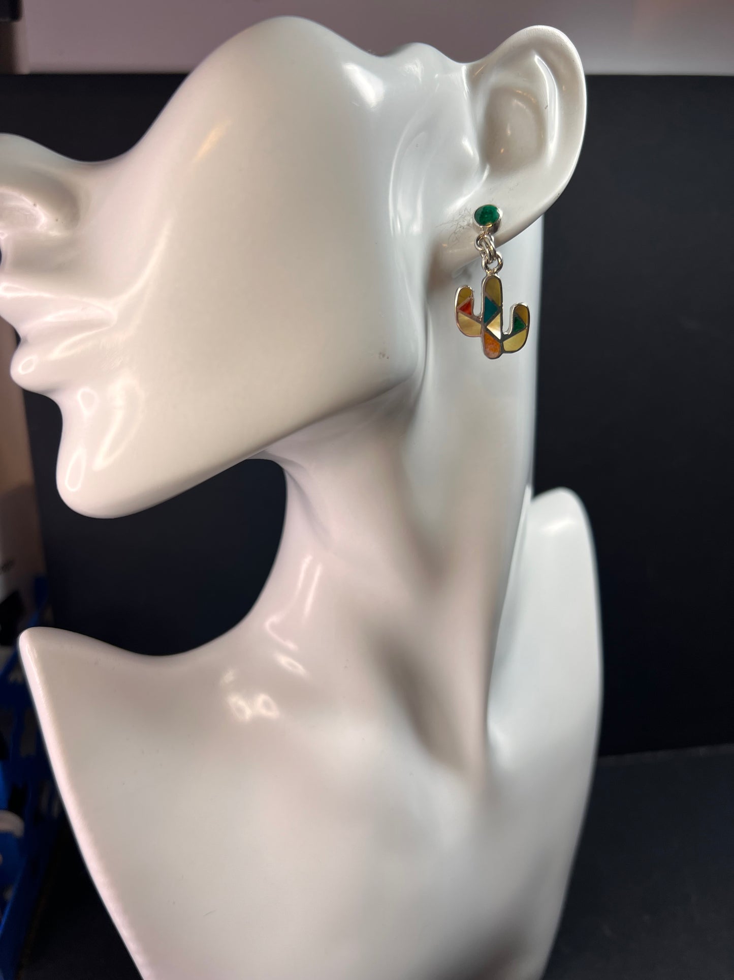 NEW Sterling Silver Peruvian Artistry Mosaic Cactus Earrings – Multi-Gemstone Inlay