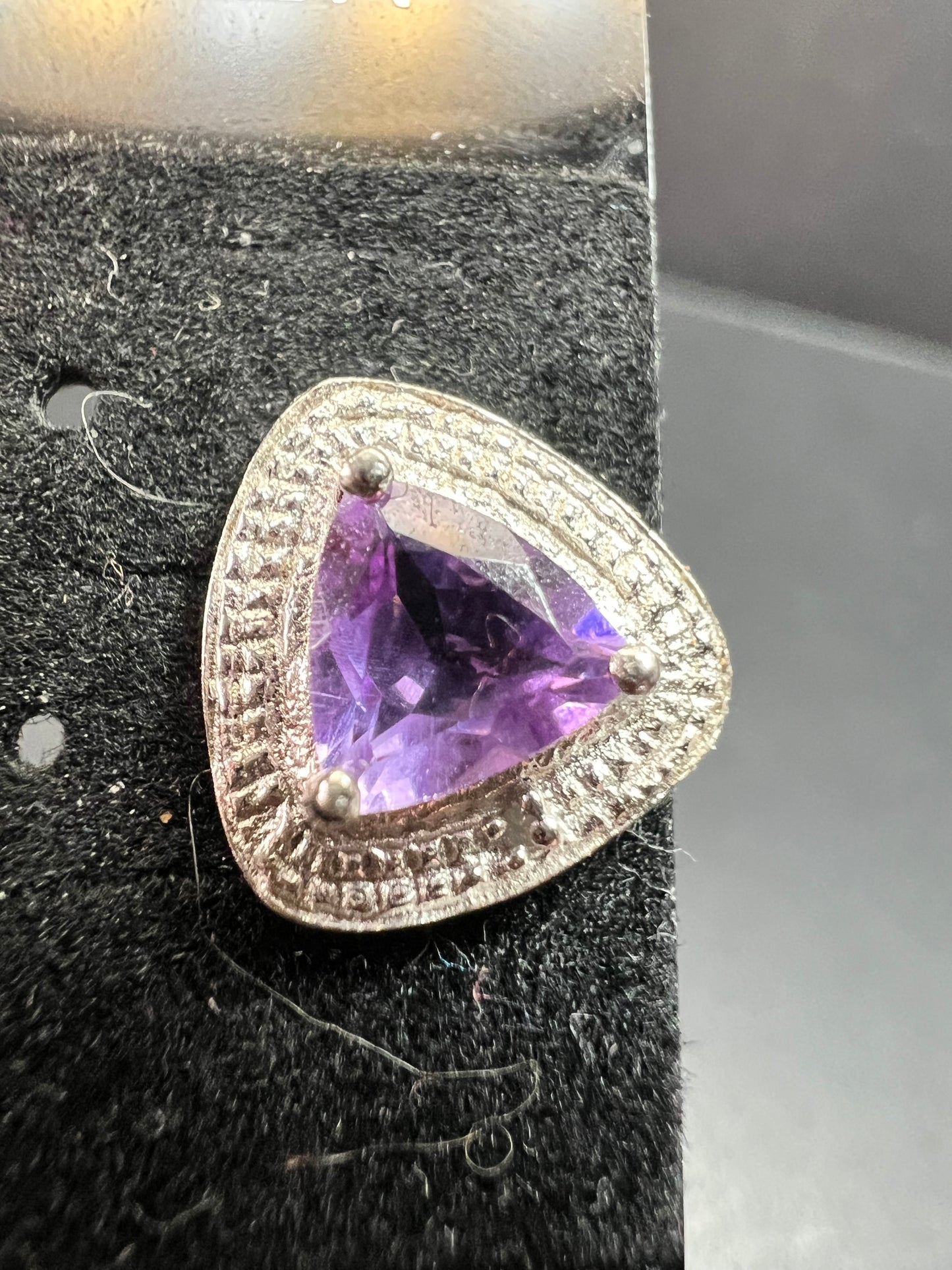 New Sterling Silver Trillion Amethyst Studs w Diamond Accents