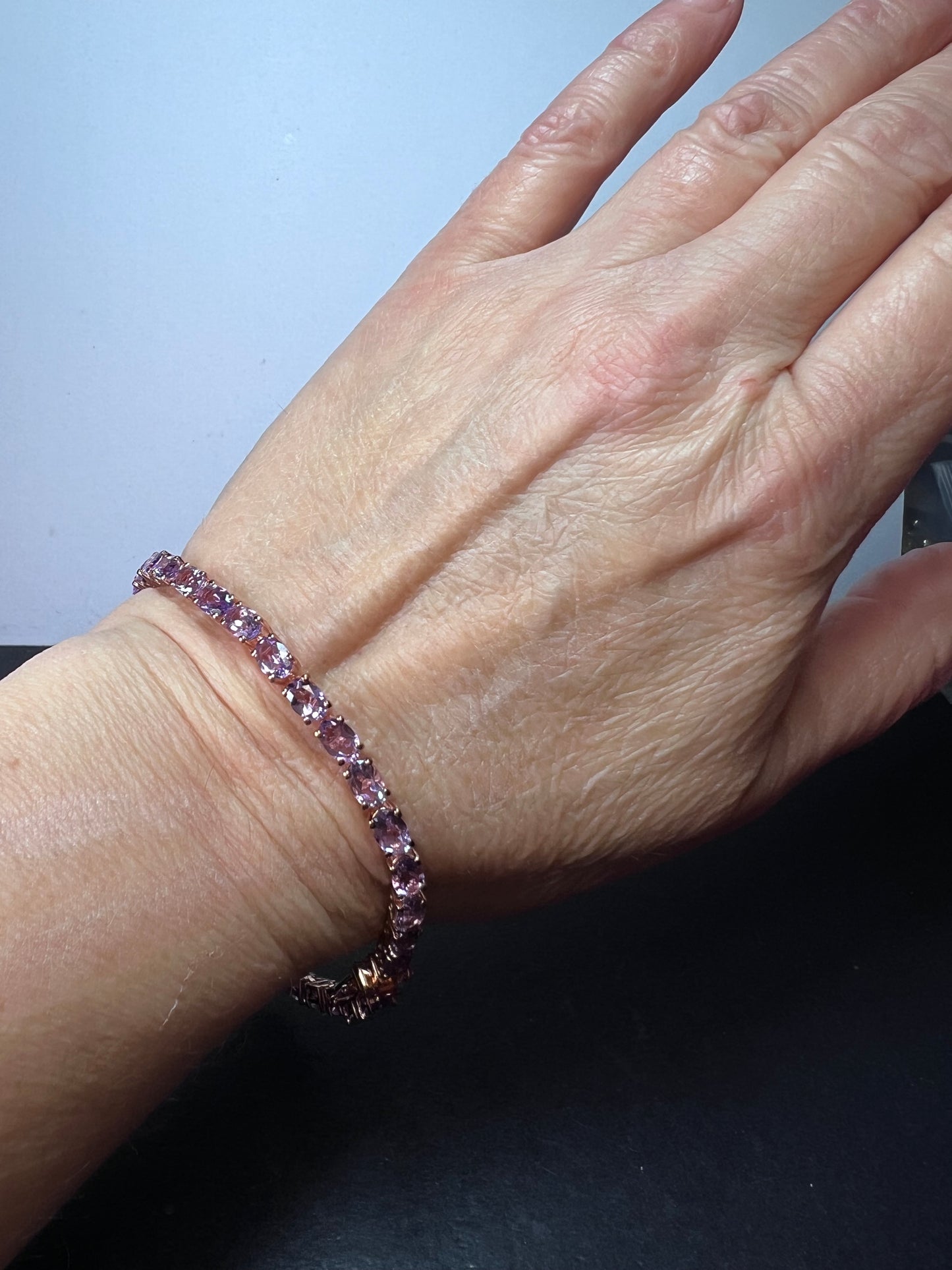 Rose de France amethyst tennis bracelet in 18k rose gold over sterling