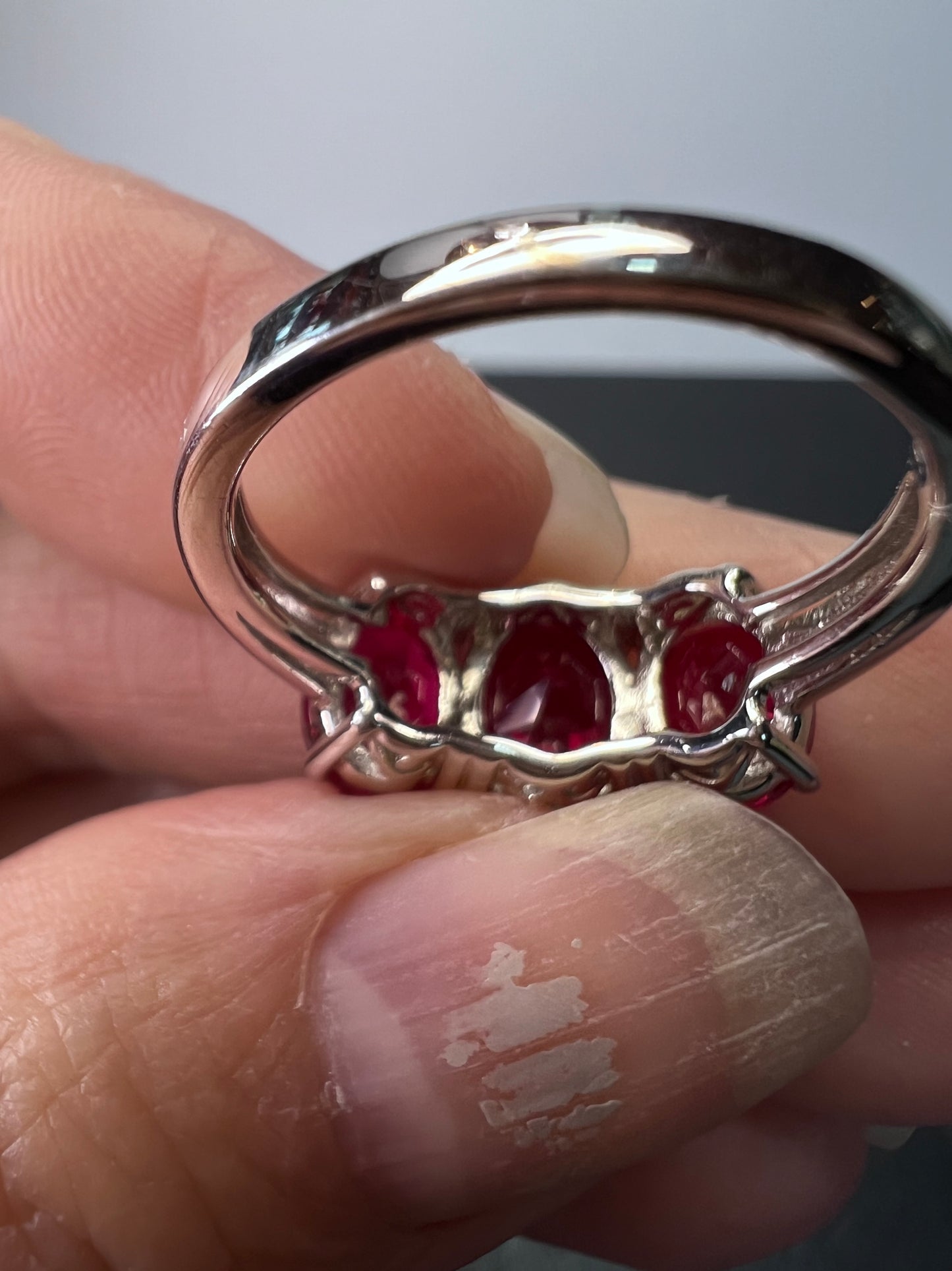 Lab created ruby and silver triple stone ring size 8