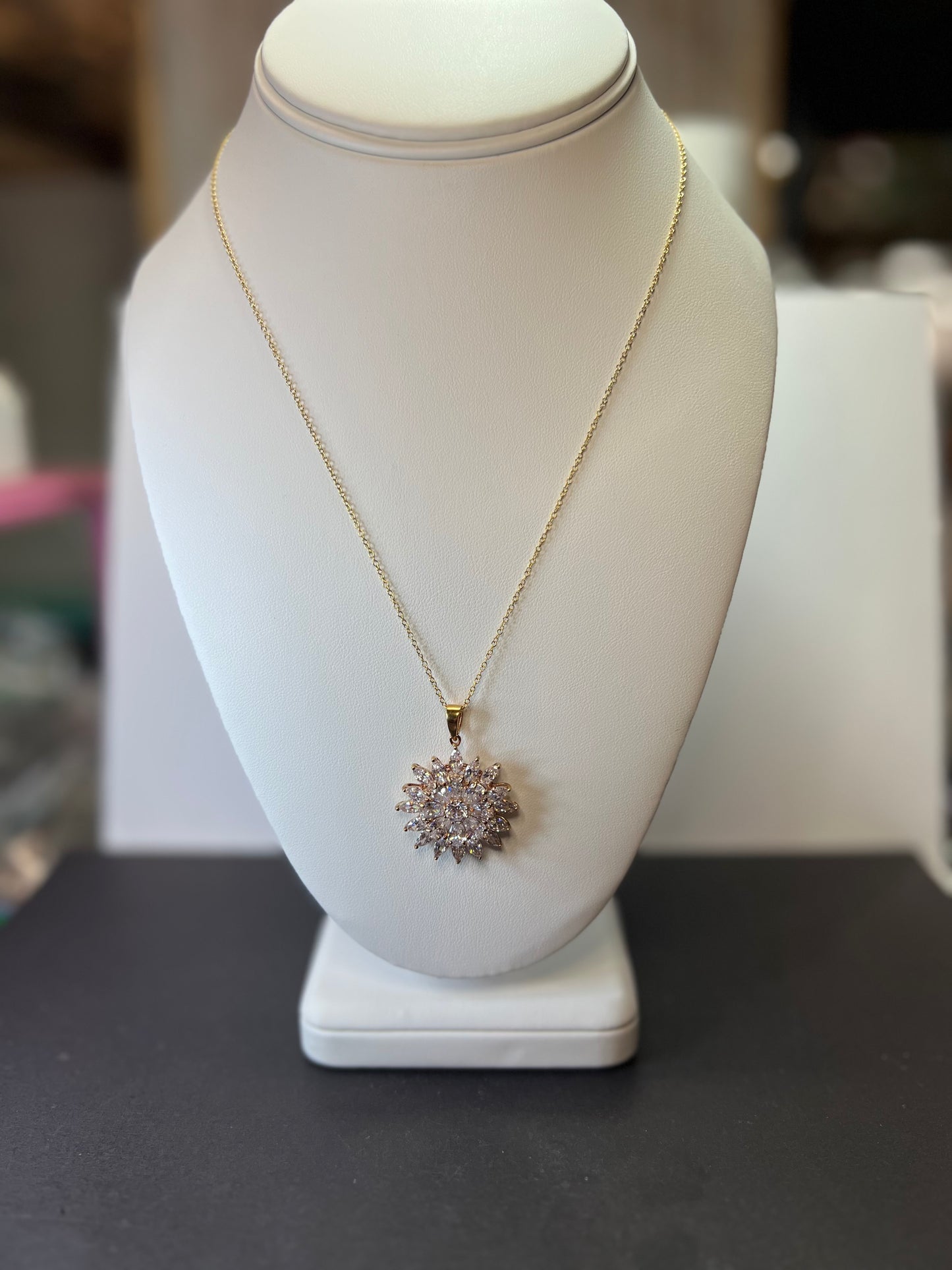 Marquise CZ flower pendant gold over sterling silver with 18 inch chain necklace