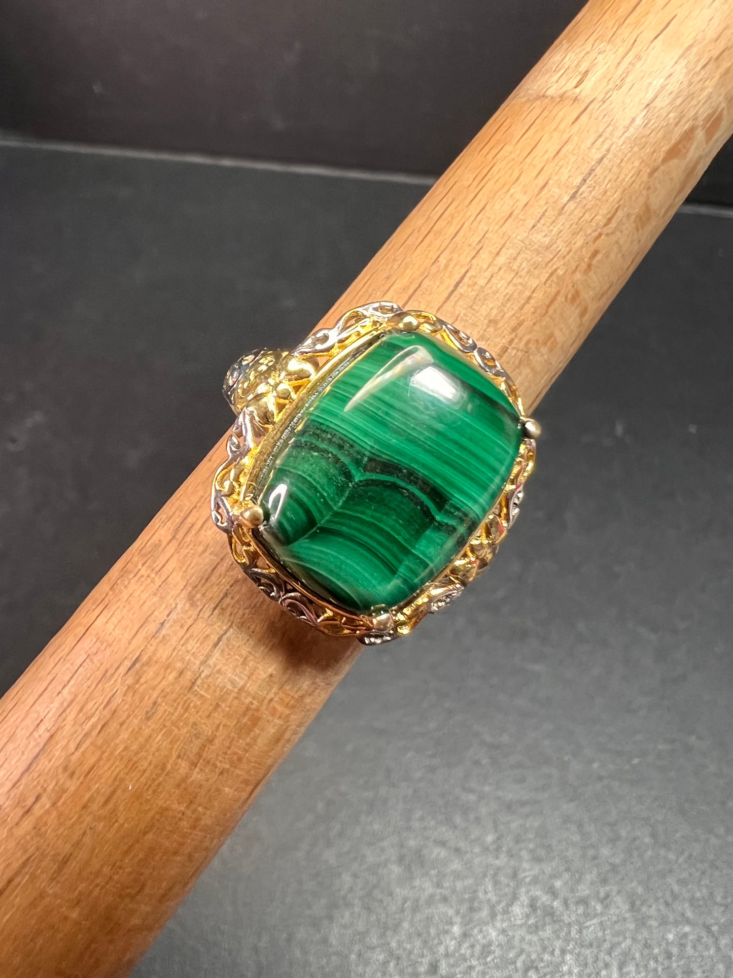 Karis Platinum & 18K Gold Plated Malachite Statement Ring Size 7