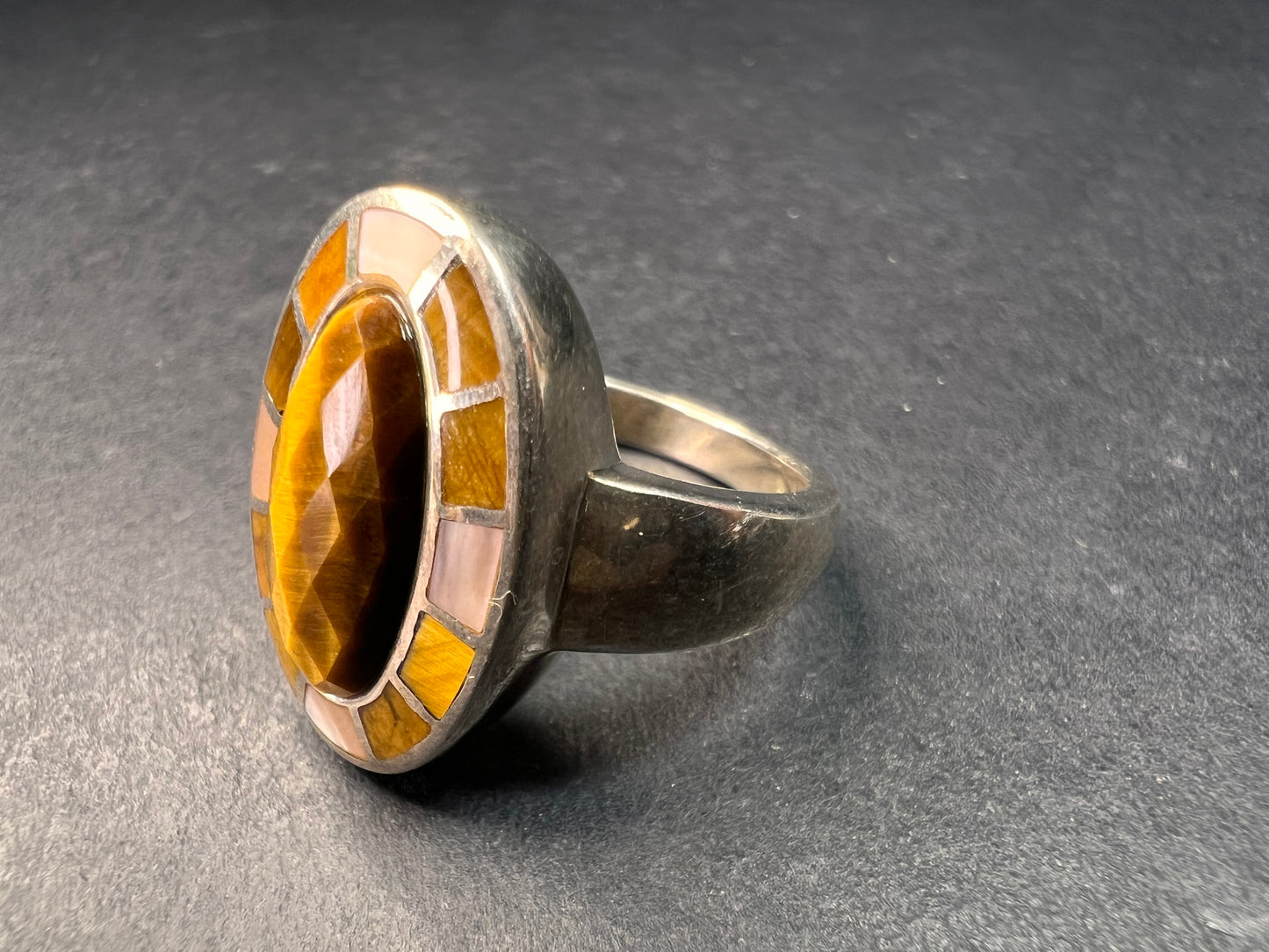 Whitney Kelly tigers eye and mother of pearl sterling silver ring size 7