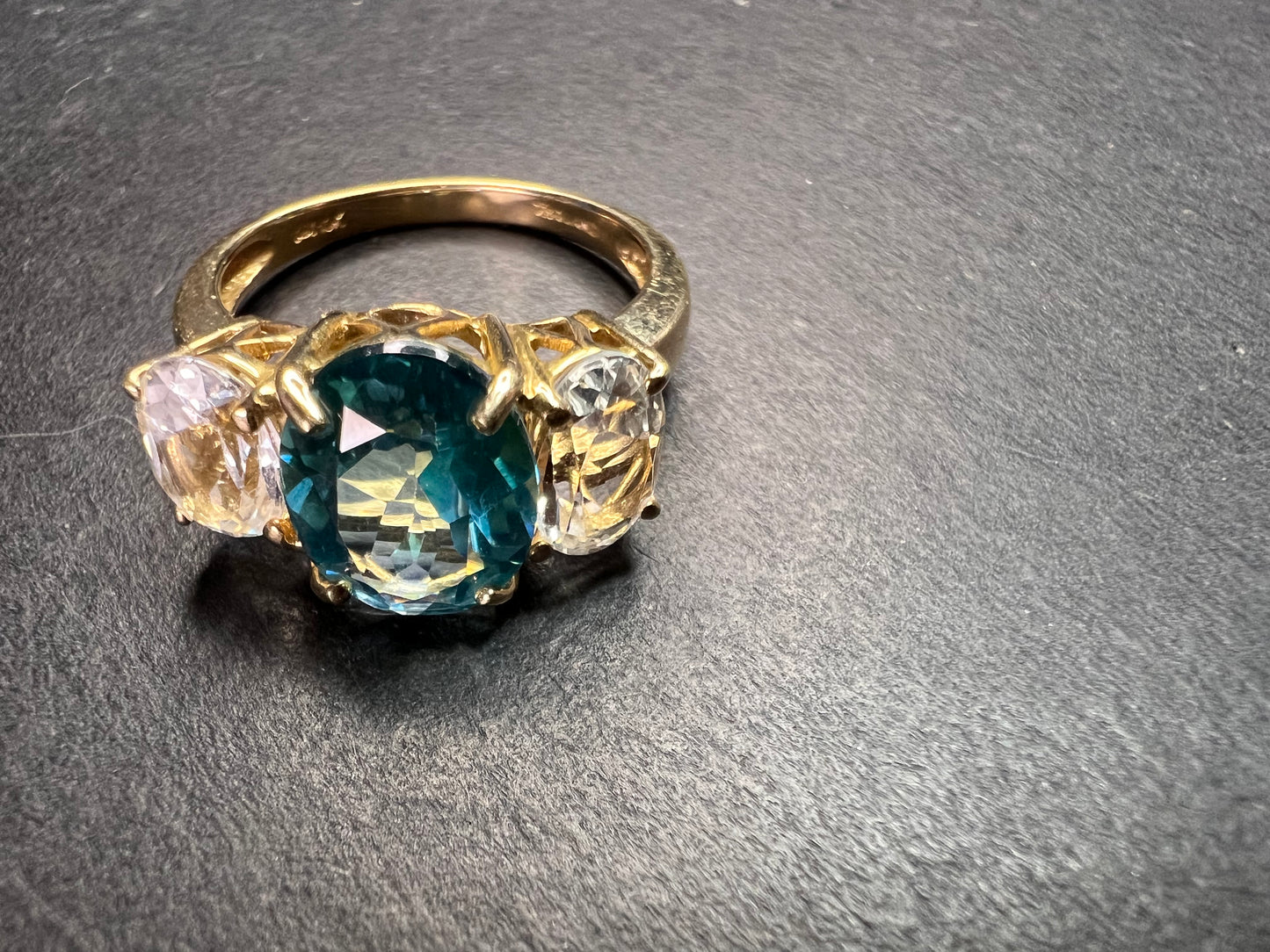 Vintage 10K Yellow Gold Blue Topaz & White Topaz Three-Stone Ring – Size 7