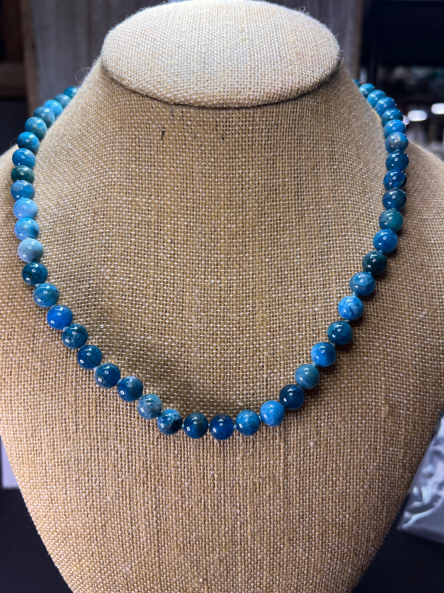 Blue apatite 8 mm knotted necklace