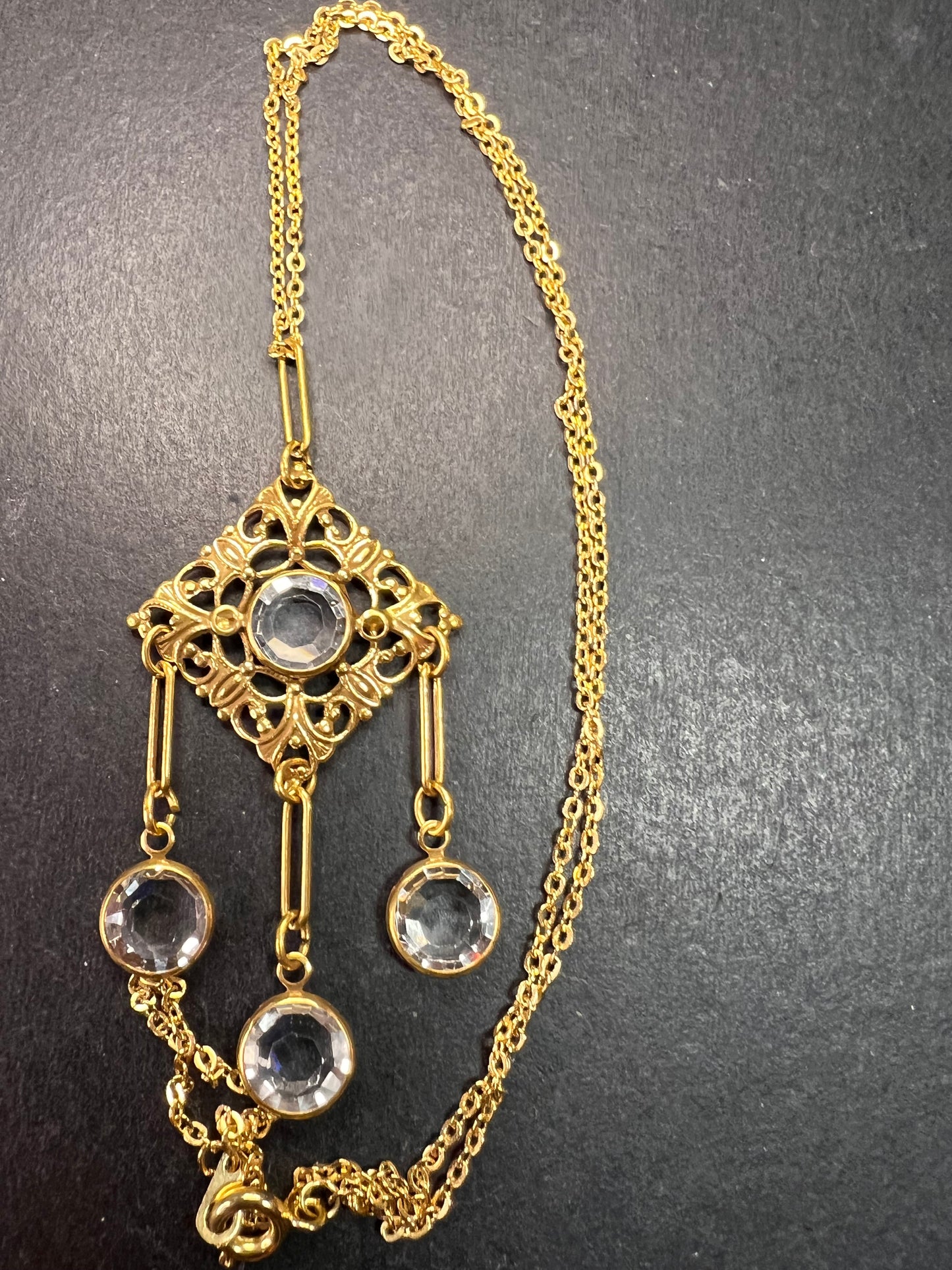 Vintage Victorian Revival Gold Tone Filigree Chandelier Necklace w/ Rivoli Glass