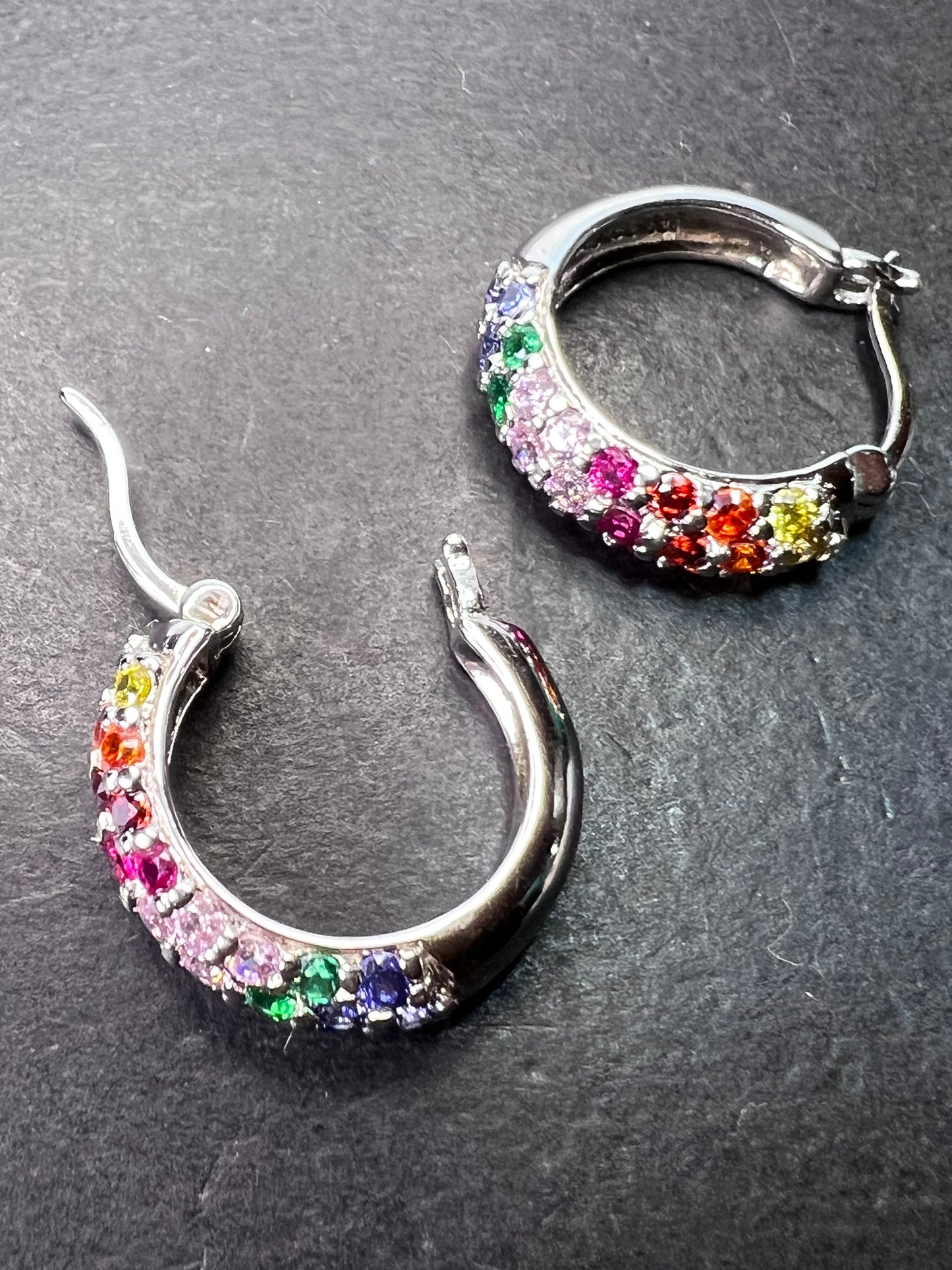 Ruby, tanzanite and multi color ca silver hoop earrings