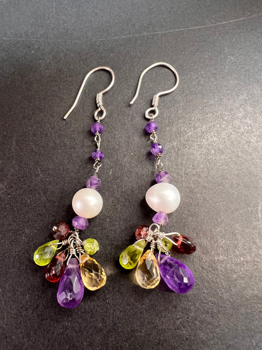Multi gemstone cluster dangle earrings in sterling silver