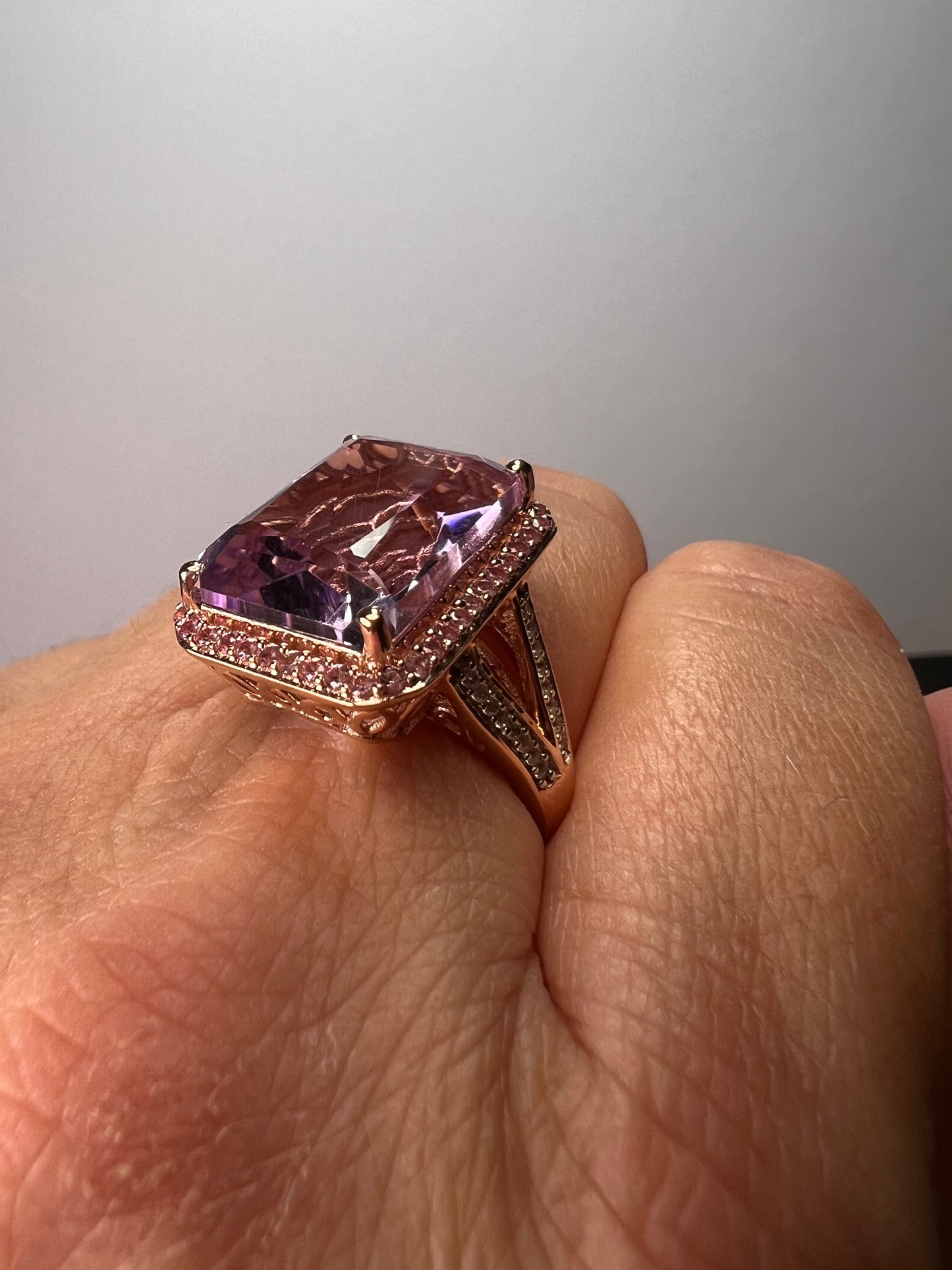 Radiant cut rose de France amethyst and pink sapphire halo ring in rose gold vermeil over sterling silver size 8 *NEW*