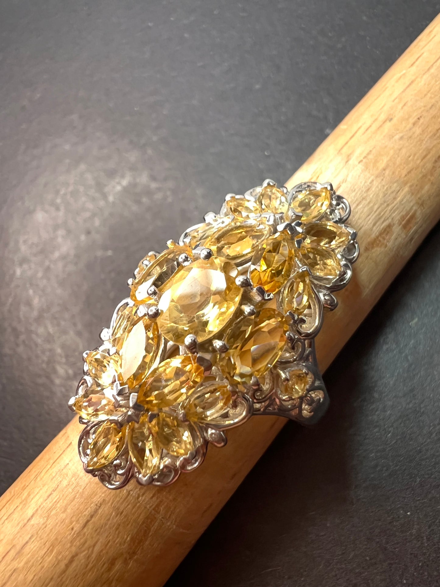 Brazilian citrine floral ring in platinum over sterling silver size 6 *NEW*