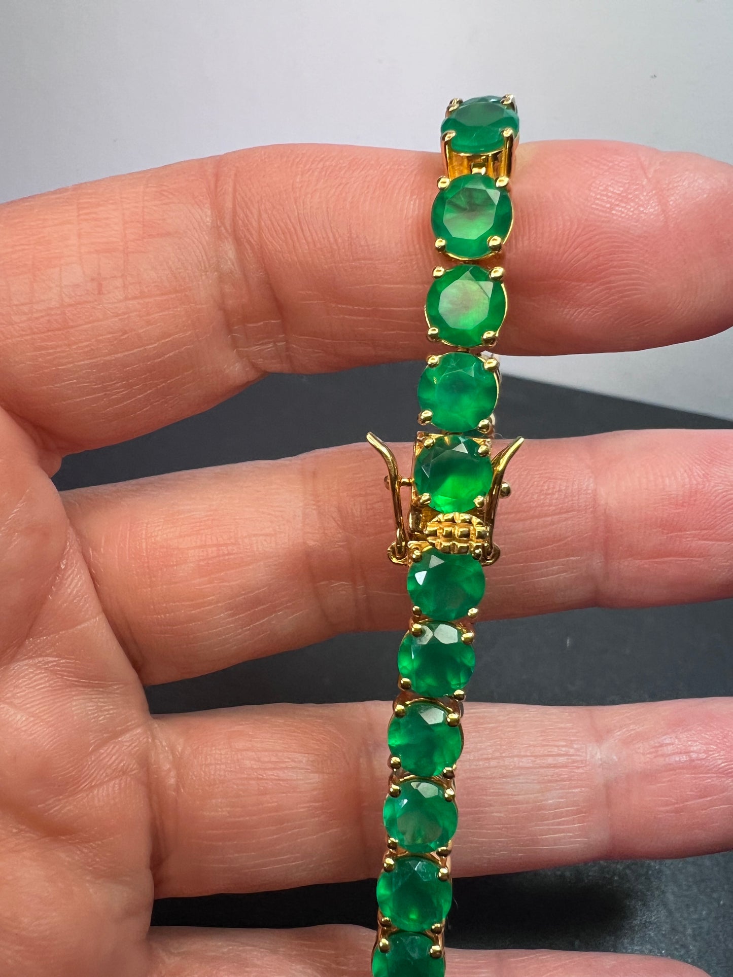 Green onyx tennis bracelet gold over sterling