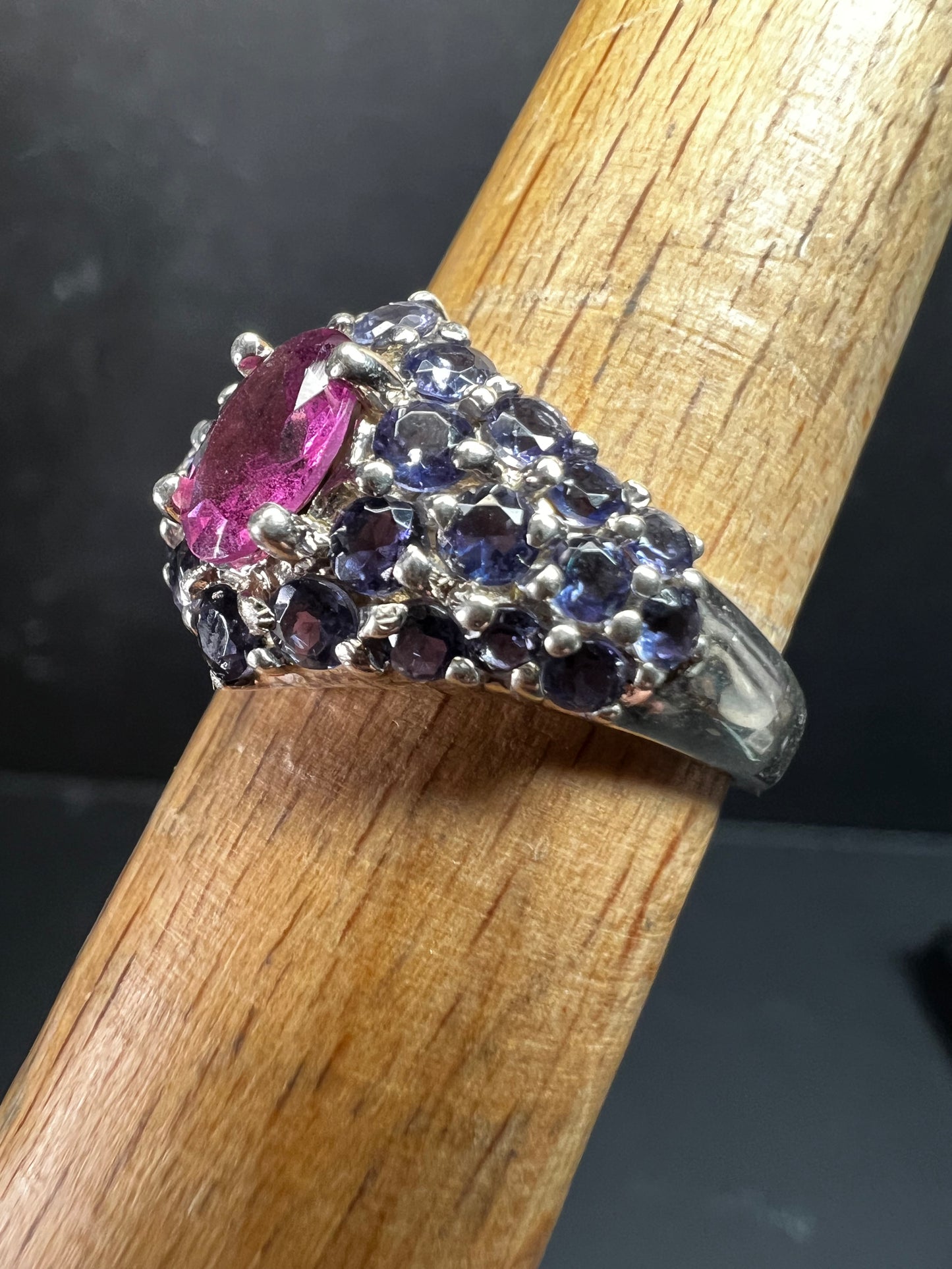Pink Tourmaline Tanzanite Sterling Silver Cluster Ring Size 7