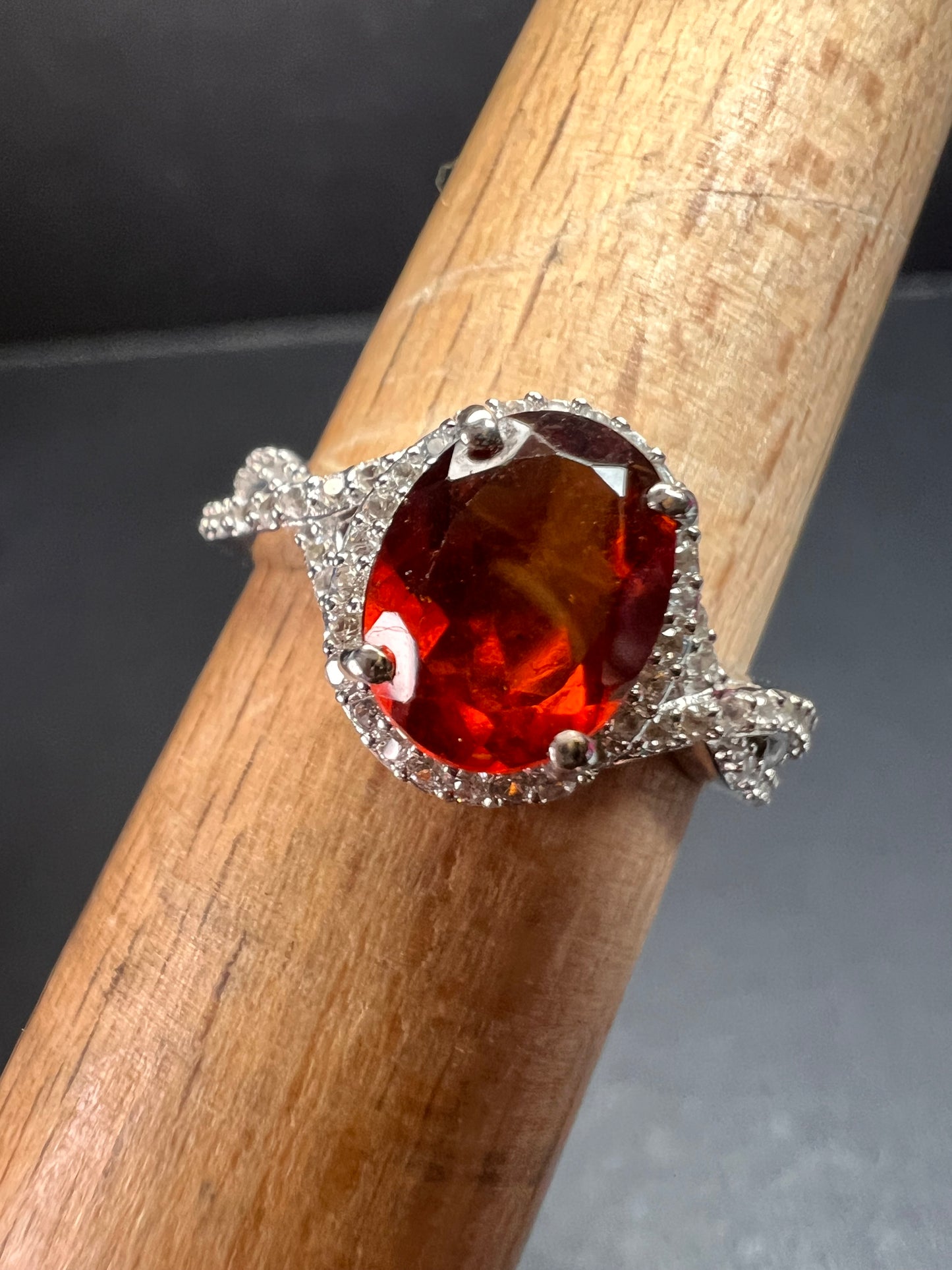 NEW Ceylon Hessonite garnet and zircon ring in rhodium over sterling silver size 7