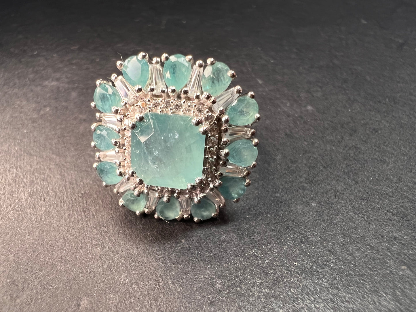 NEW grandidierite and zircon cocktail ring in rhodium over sterling silver size 7