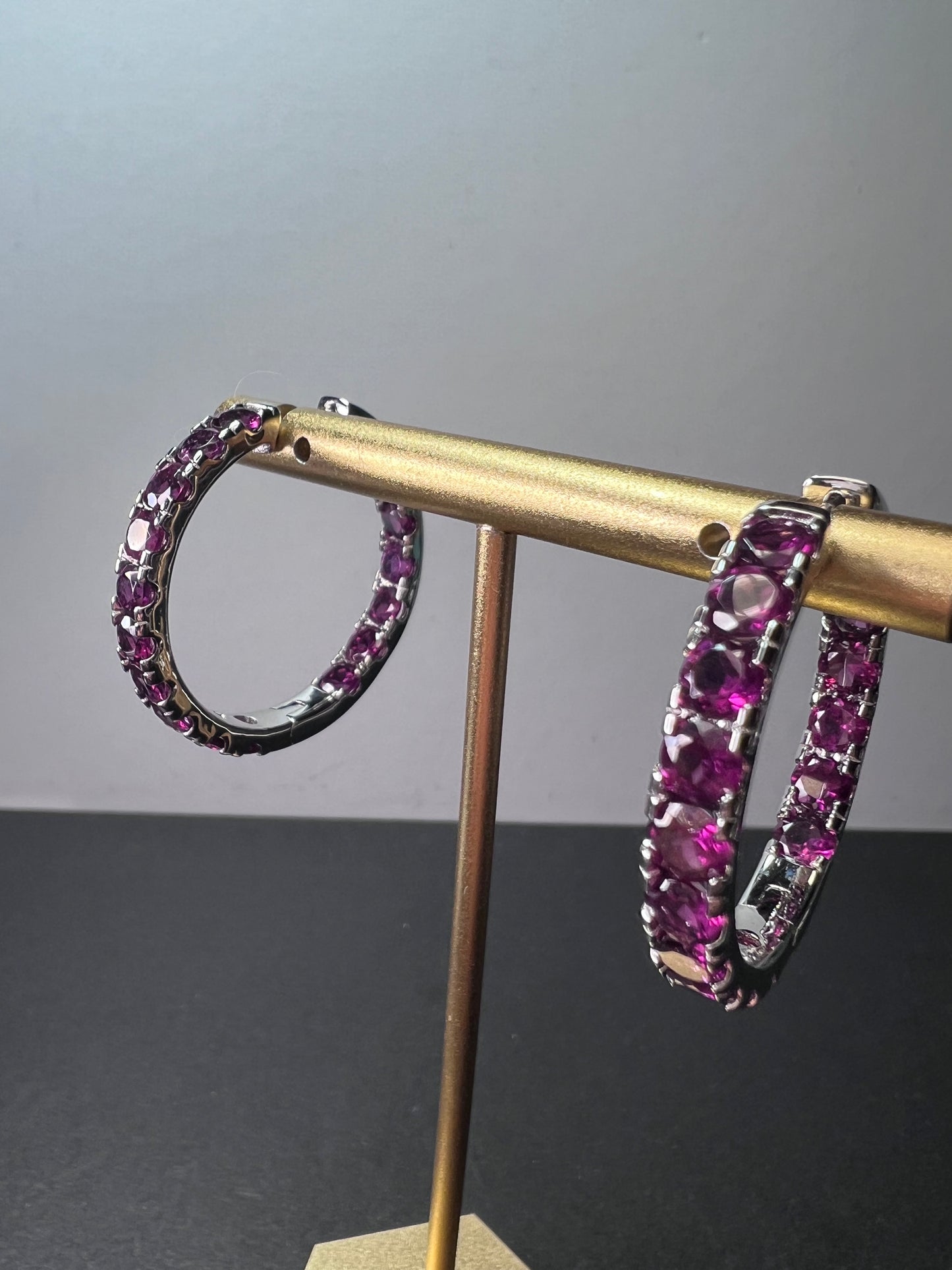 Grape rhodolite garnet hoop earrings in sterling silver