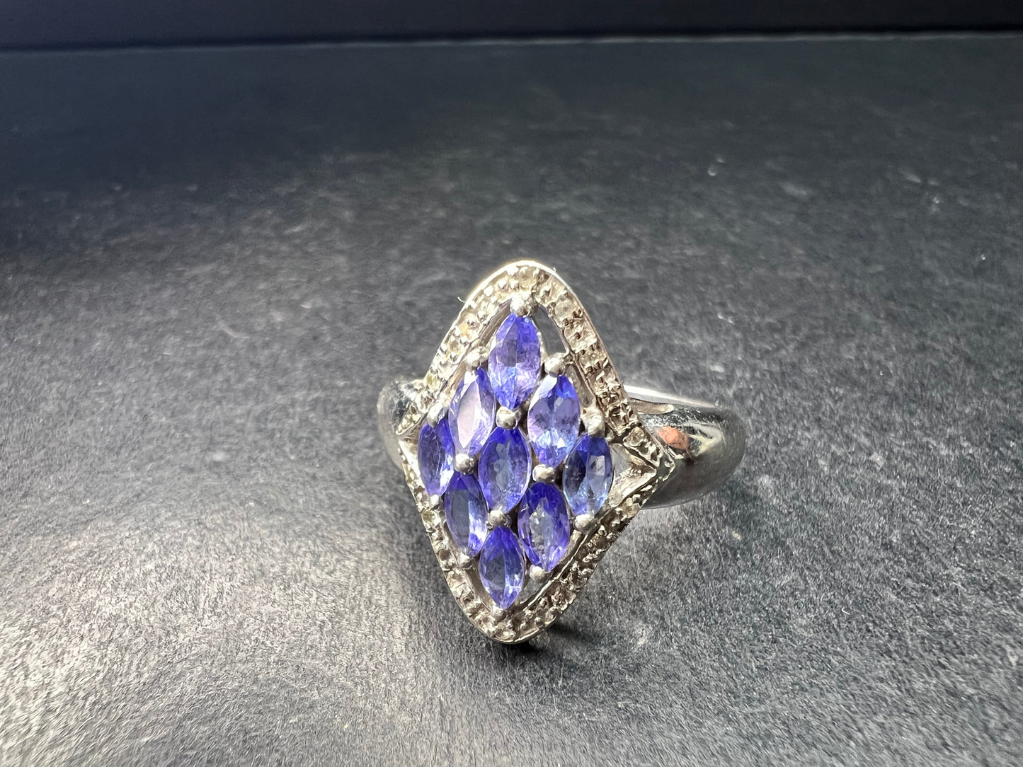 Vintage Tanzanite Diamond Sterling Silver Marquise Ring Size 9