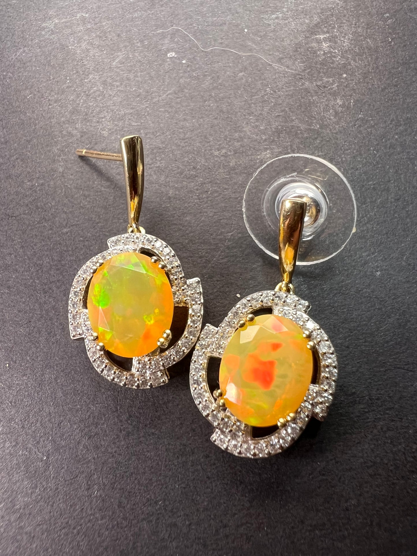 10k gold Ethiopian opal and white zircon earrings