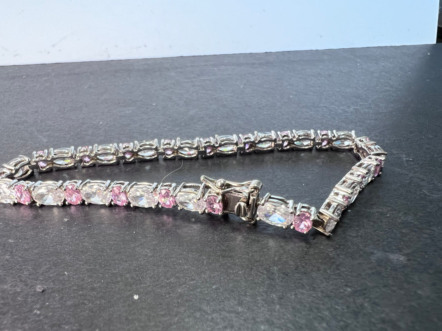 Pink and white cubic zirconia sterling silver 7 inch bracelet