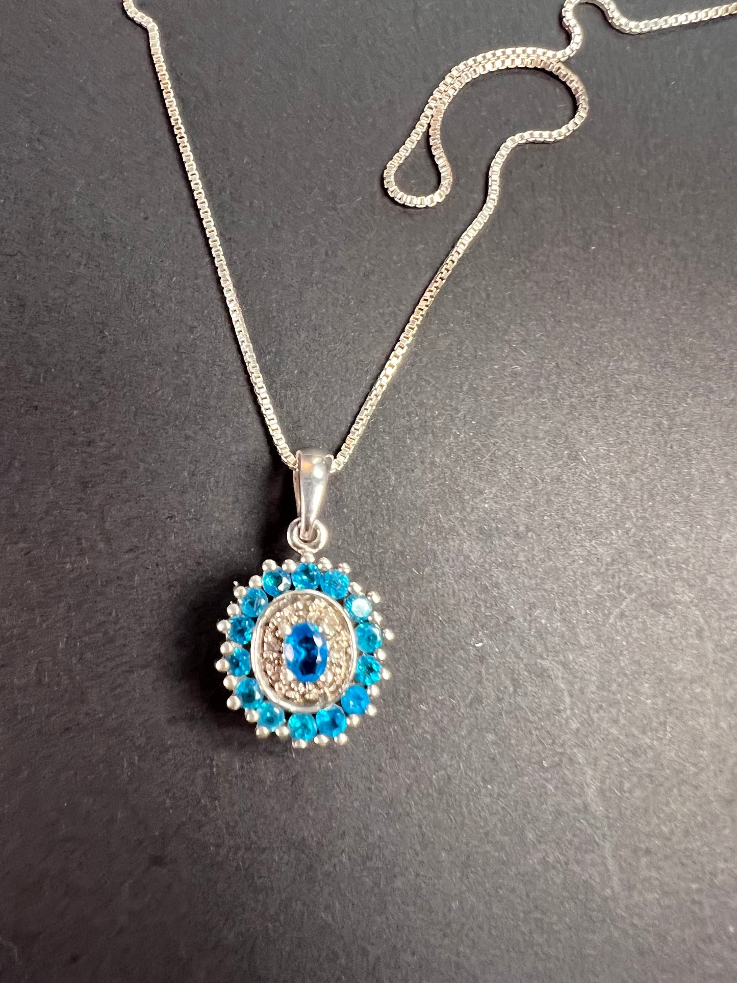 Vintage 925 Sterling Silver Blue Apatite & Diamond Halo Pendant Necklace
