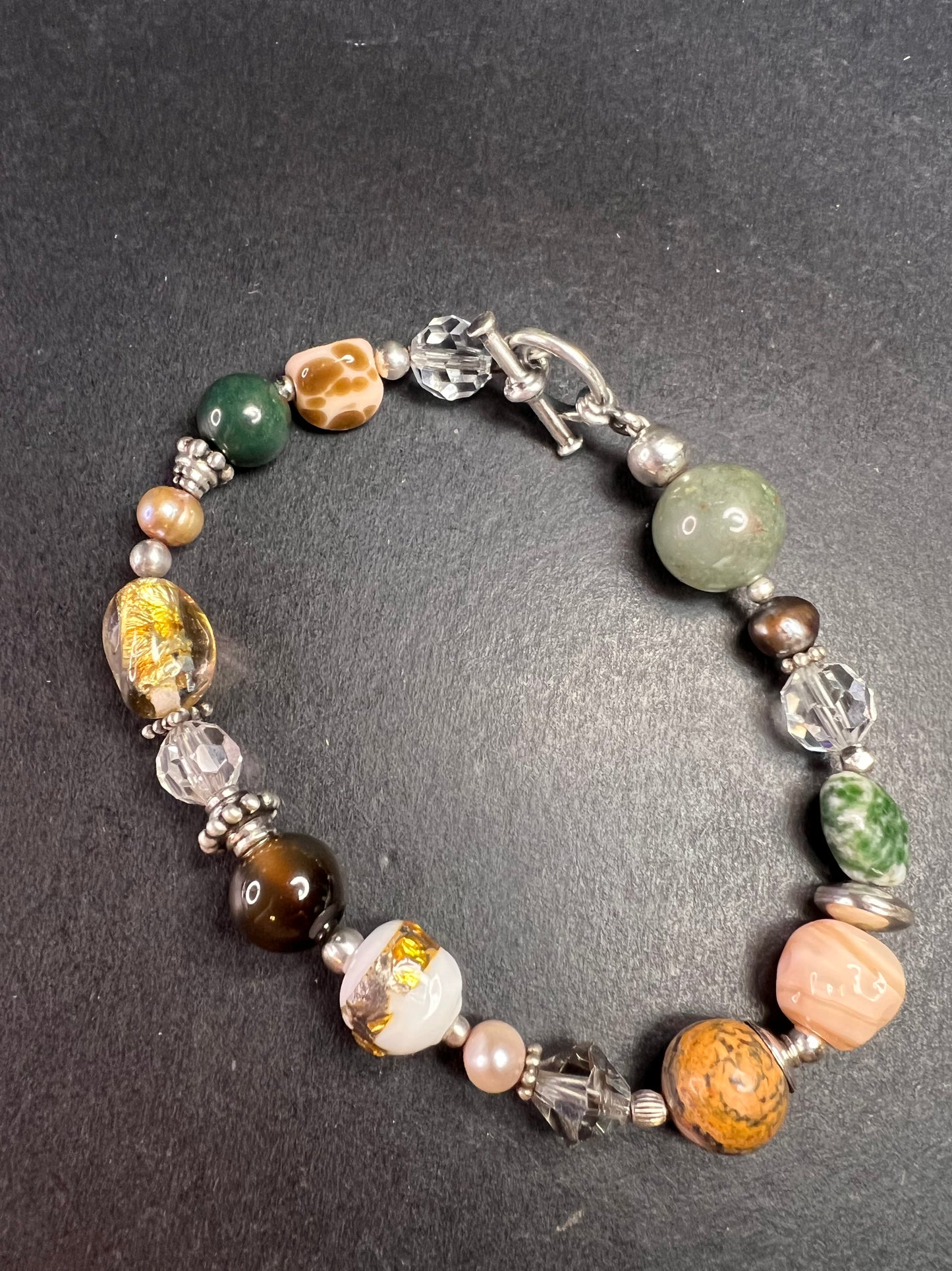 Vintage sterling silver, semi precious stones and glass toggle 8 inch bracelet
