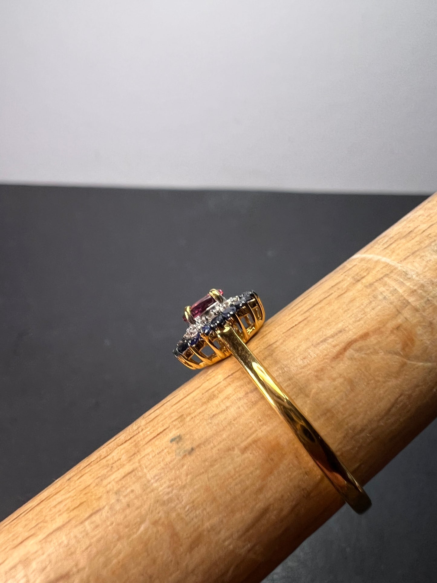 Ofiki rubellite and blue sapphire double halo ring in vermeil yellow gold over sterling silver size 8