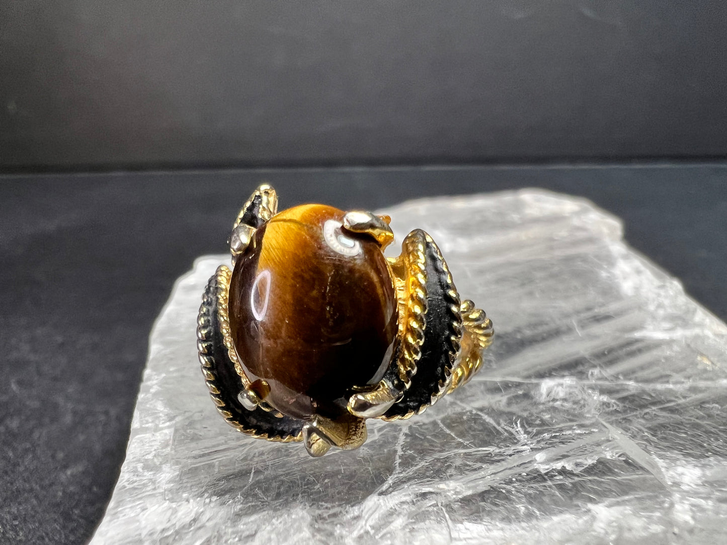 Vintage Espo Tiger’s Eye Ring Size 7.5 18K HGF Gold Filled Statement