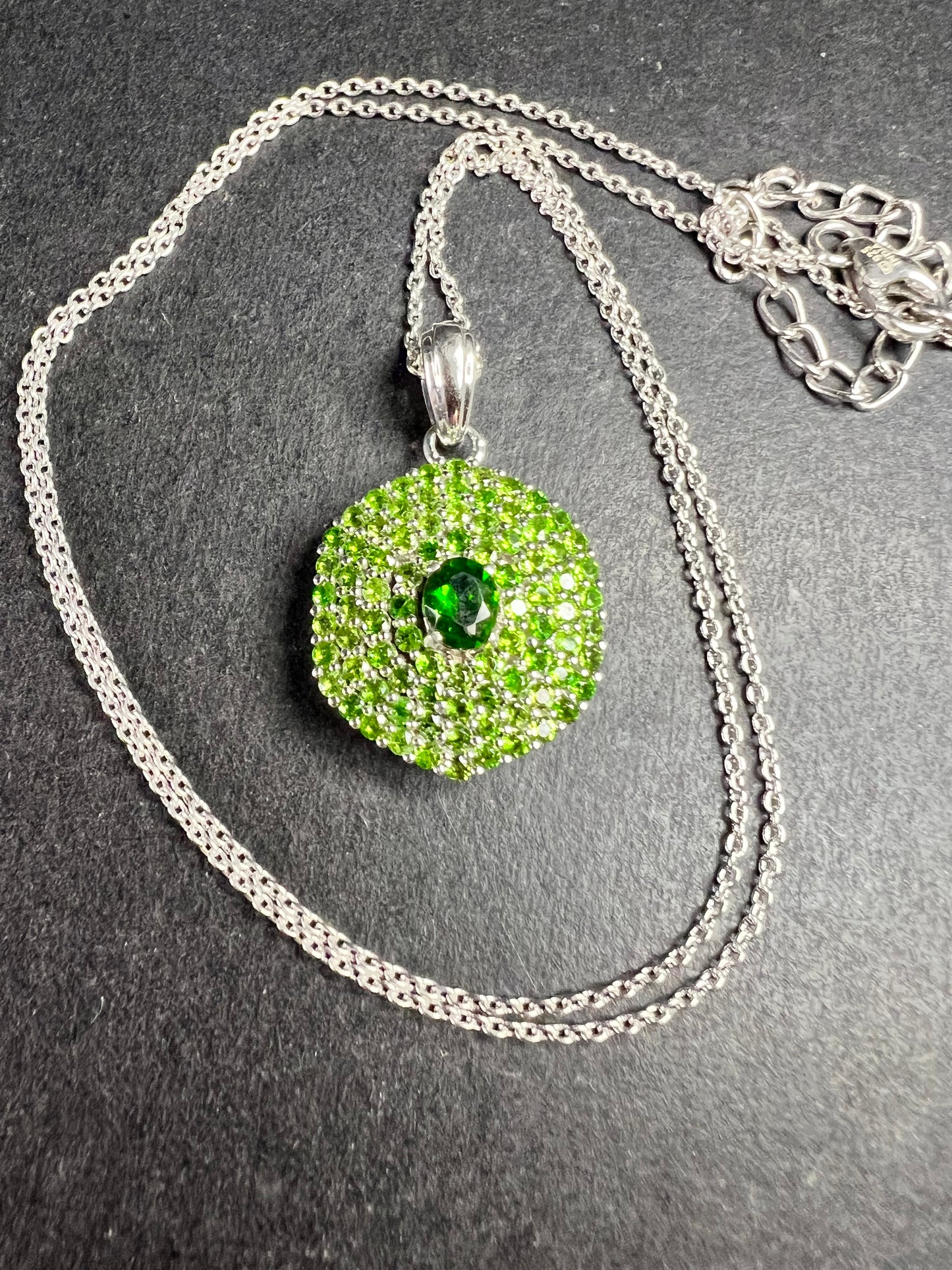 Chrome Diopside Sterling Silver Halo Pendant Necklace 18-20”