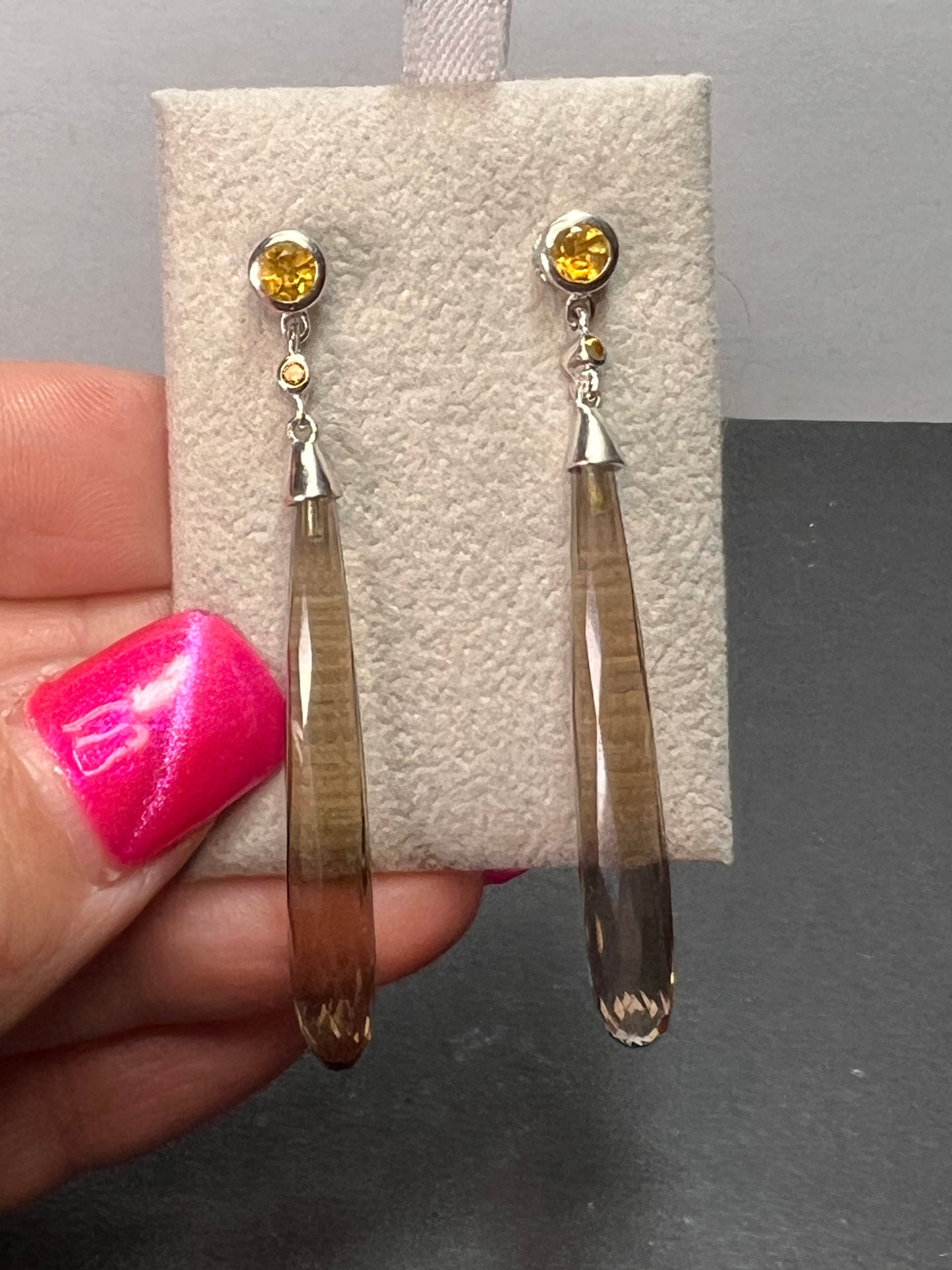 Smoky quartz and citrine sterling silver long dangle earrings