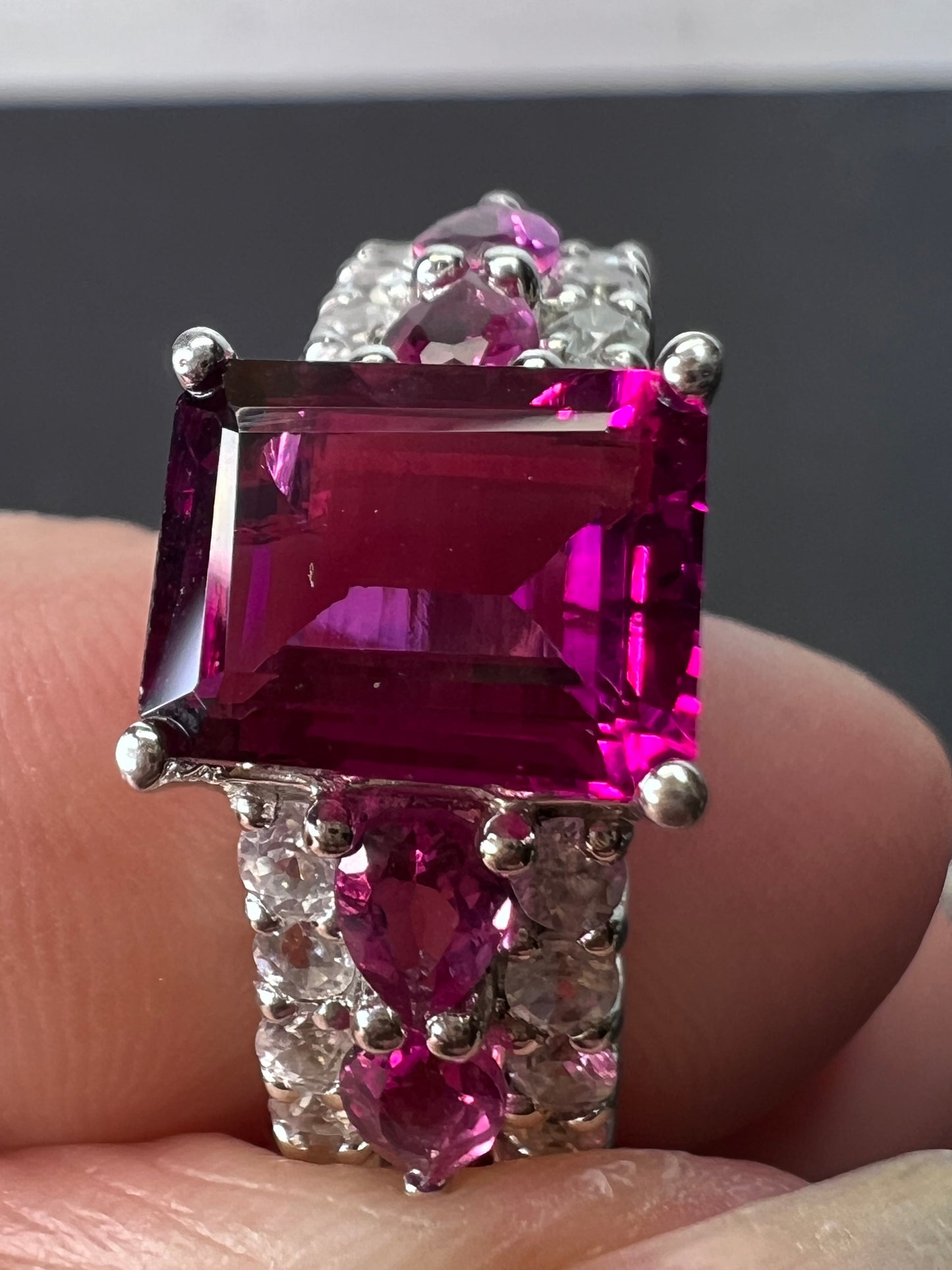 Lab pink tourmaline and white topaz statement ring size 8