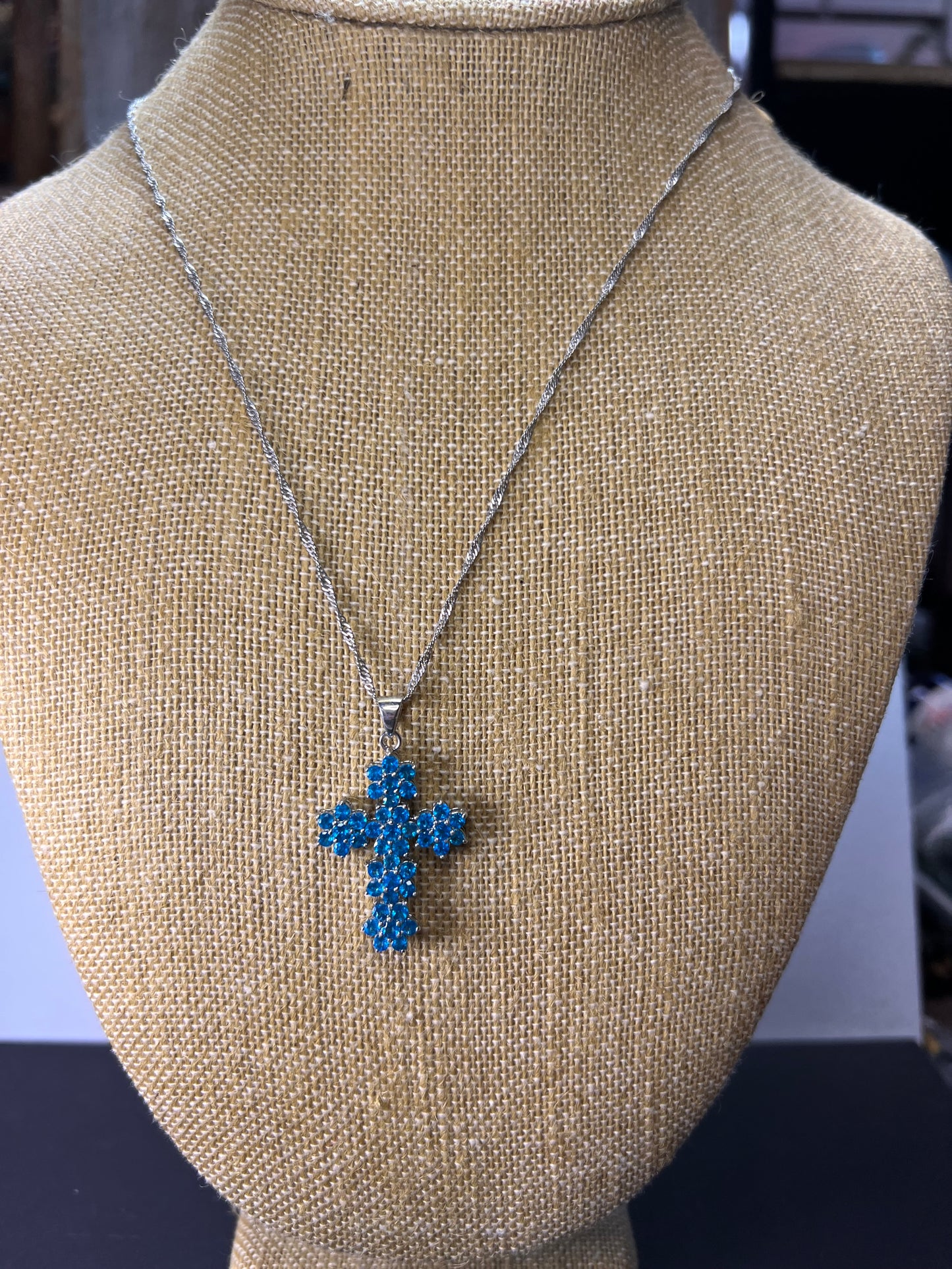 Blue Apatite Rhodium Over Sterling Silver Cross Pendant With Chain 3.25ctw