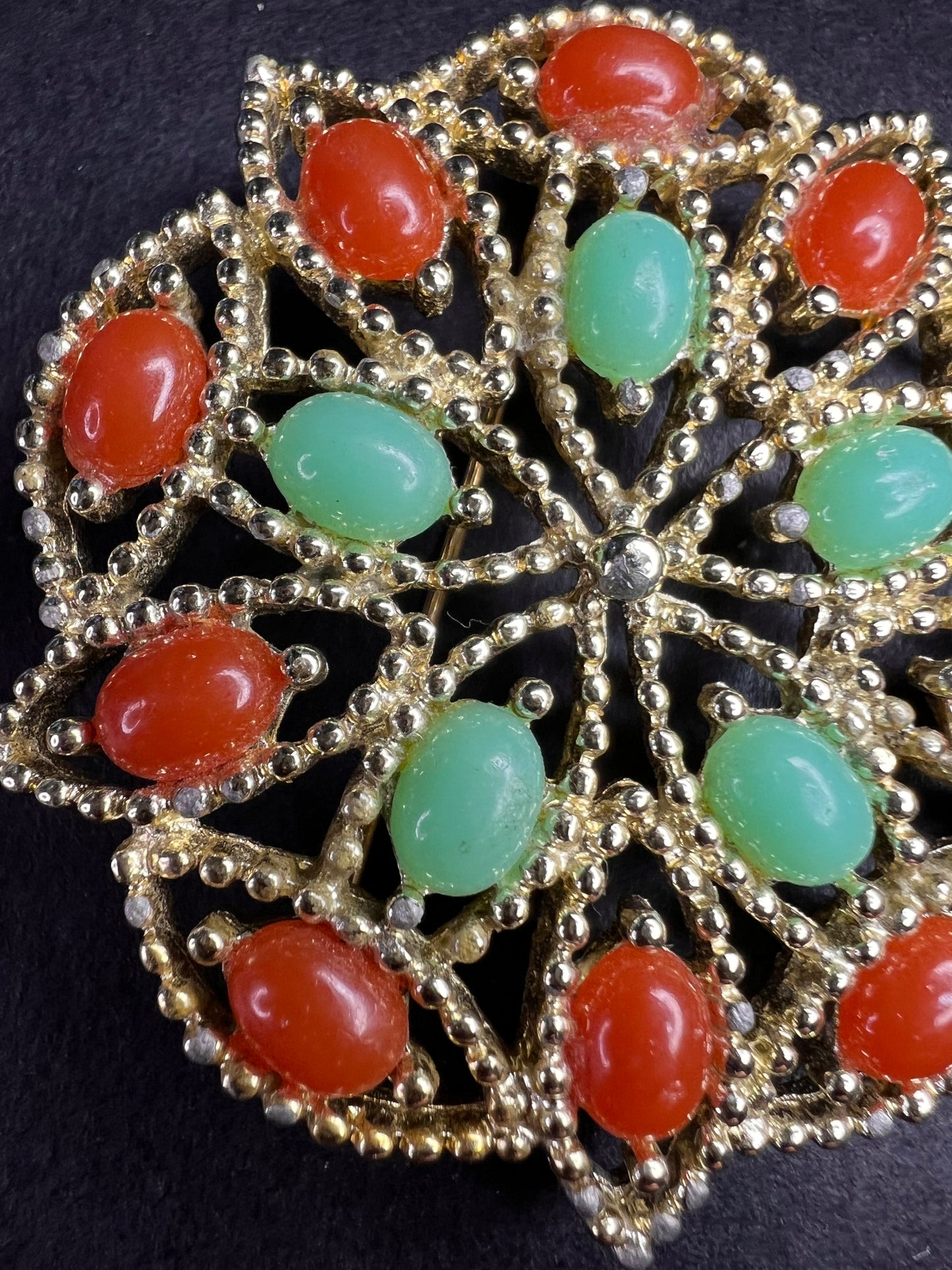 VTG Sarah Coventry Acapulco Red Green Sim Turquoise & Coral Brooch Pin