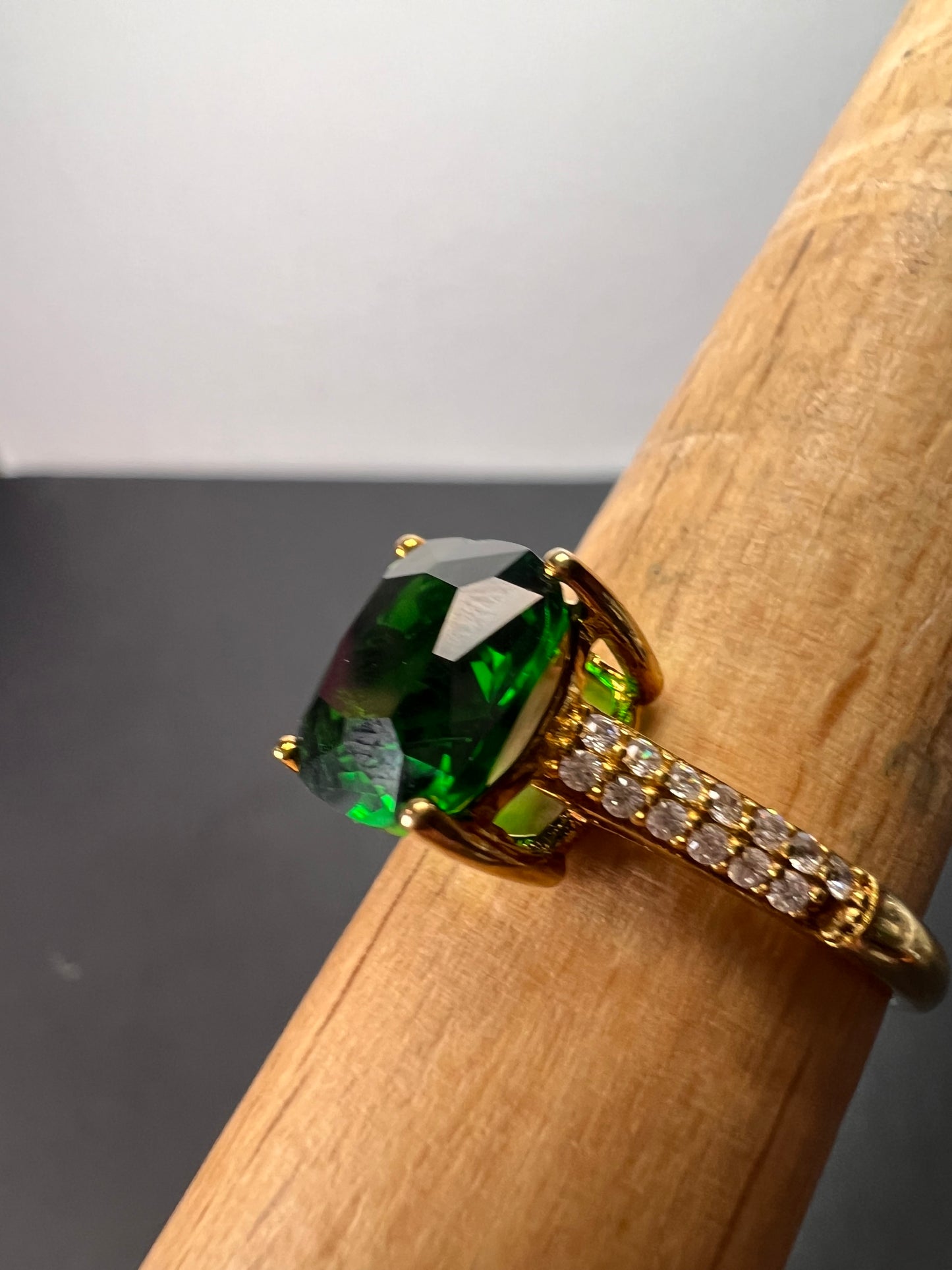 Green cushion cut CZ ring in gold over sterling silver size 9