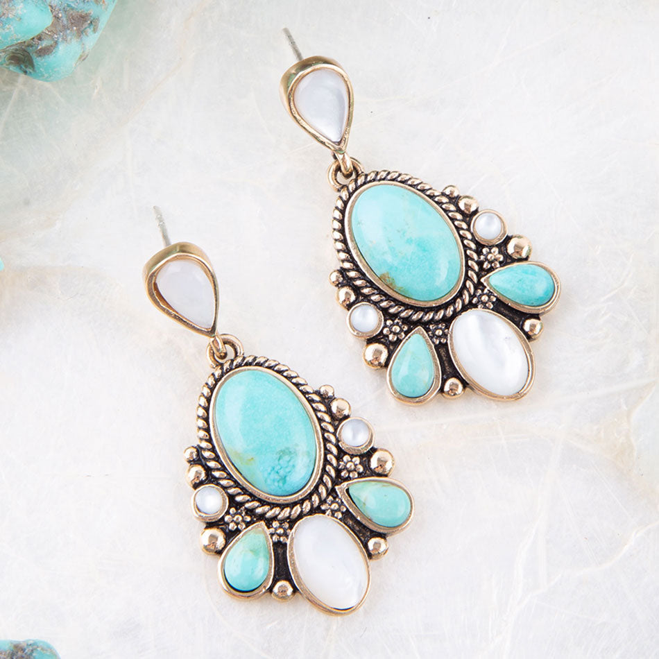 Barse Barcelona Turquoise and Mother of Pearl Post Drop Earrings
