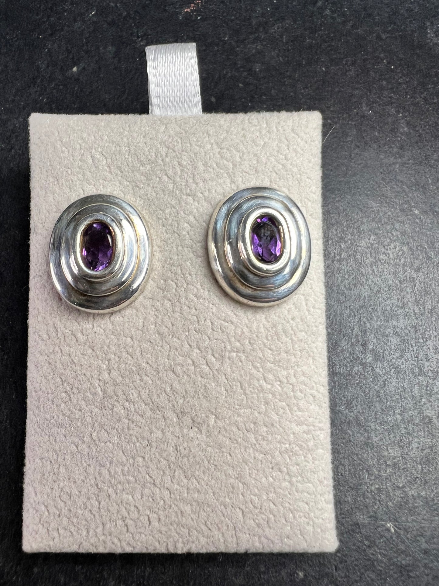 Vintage Sterling Silver Amethyst Modernist Stud Earrings