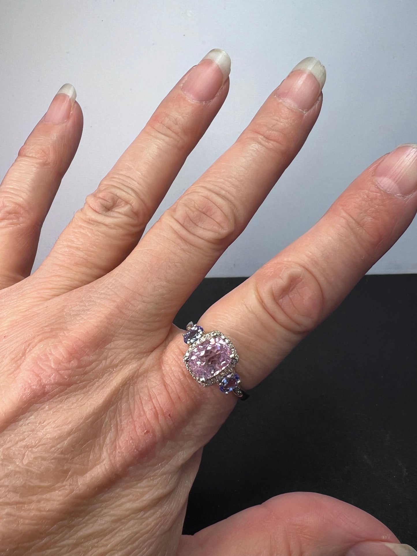 Kunzite, tanzanite and zircon halo ring size 9