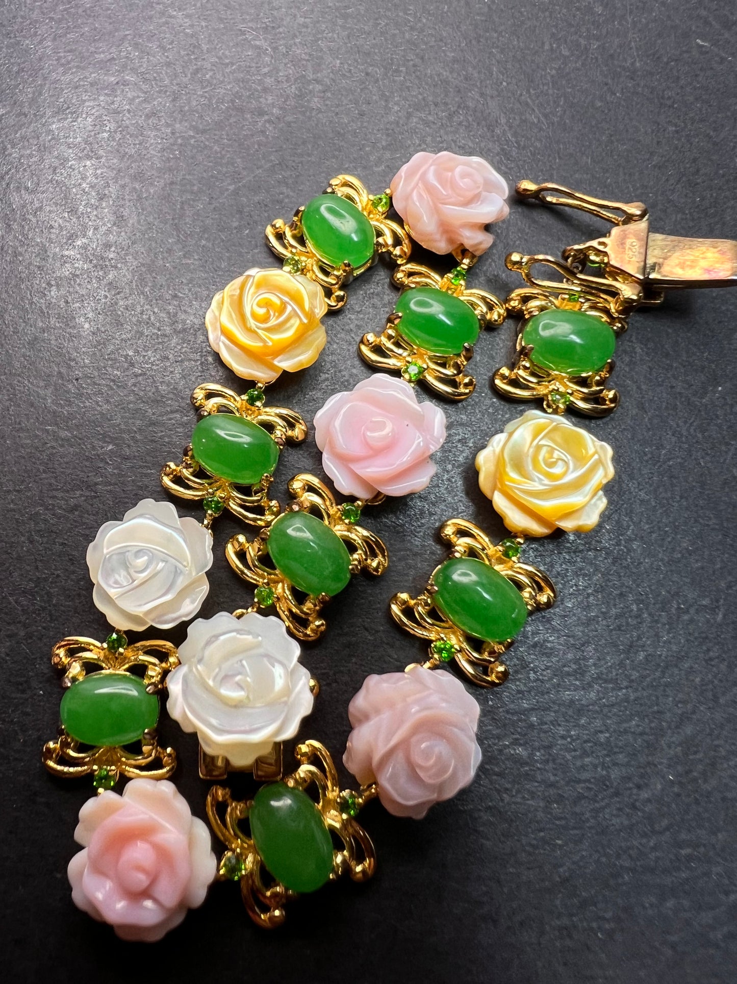 Mother of pearl roses , jade and chrome diopside bracelet in gold over sterling silver 7.5 inches